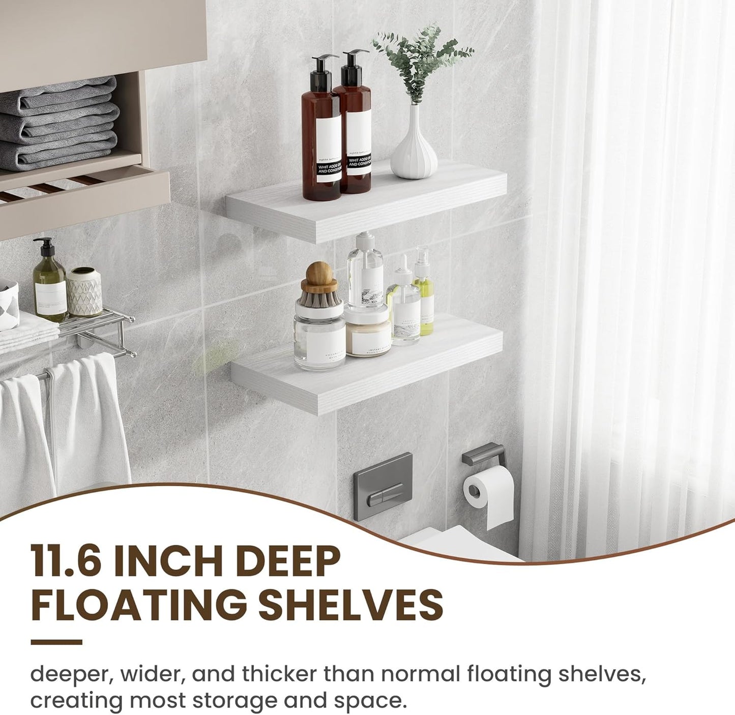 24 Inch Floating Shelves, 12 Inch Deep Floating Shelves for Wall, Floating Shelf with Invisible Brackets, Deep Shelves for Bathroom, Bedroom, Living Room, 2 Pack, White