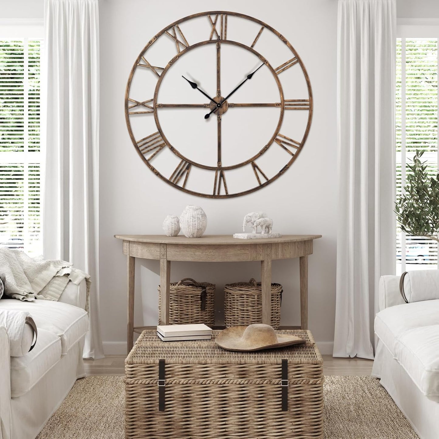 Large Wall Clock for Living Room Decor – 48 Inch Silent Non-Ticking Modern Farmhouse Wall Clock, Oversized Decorative Metal Roman Numeral Clock, Bronze