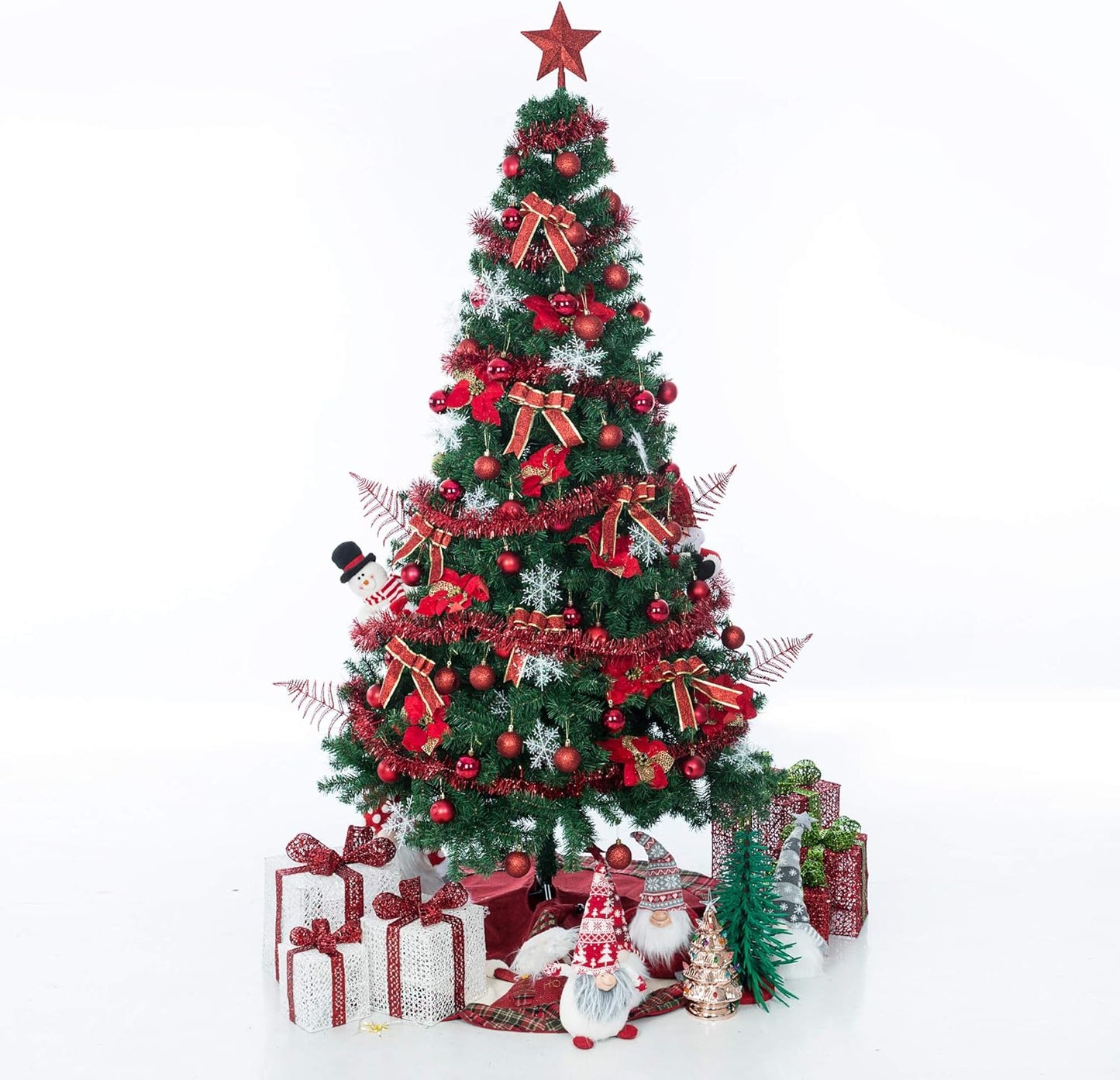 Sunnyglade 94 PCS Christmas Tree Ornaments Set with Glitter Poinsettia, Bows, Ribbons, Leaves & Assorted Decoration Ball for Xmas Tree Holiday Wedding Party Decorations (Red)