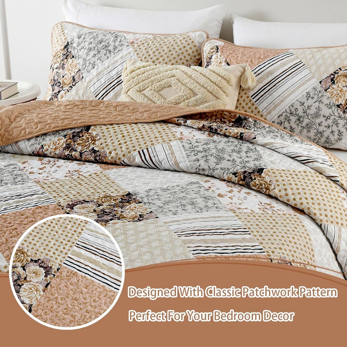 Dobuyly Fall Quilt Queen Size Set, Beige and Brown Floral Plaid Patchwork Bedspread Reversible Coverlet Set 3 Pieces, Soft Lightweight Microfiber Bedding Set for All Season, 96"x90"