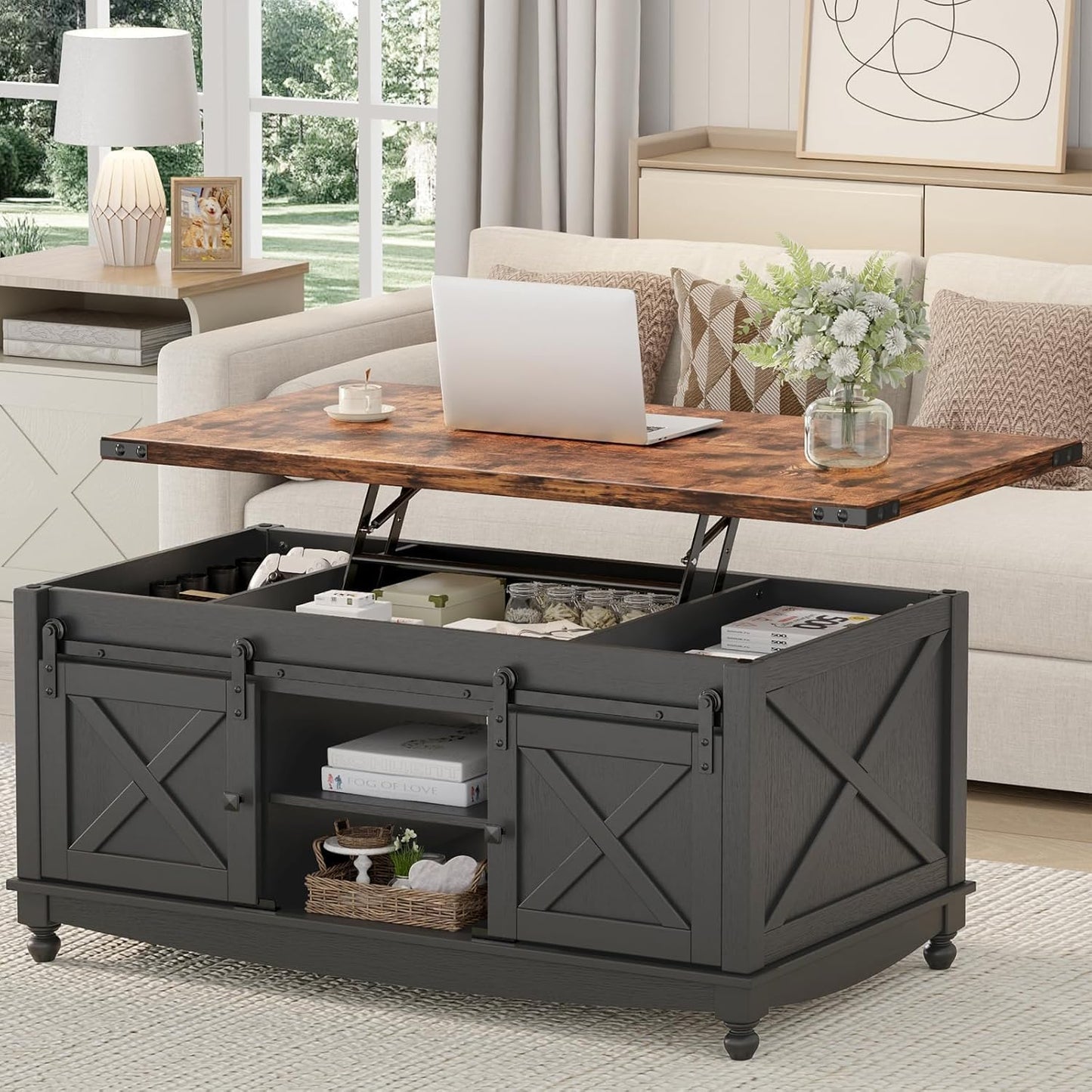 48" Farmhouse Lift Top Coffee Table with Storage Sliding Barn Door & Large Hidden Compartment, Coffee Table with Lifting Top with Wooden Lift Tabletop, Coffee Tables for Living Room, Black