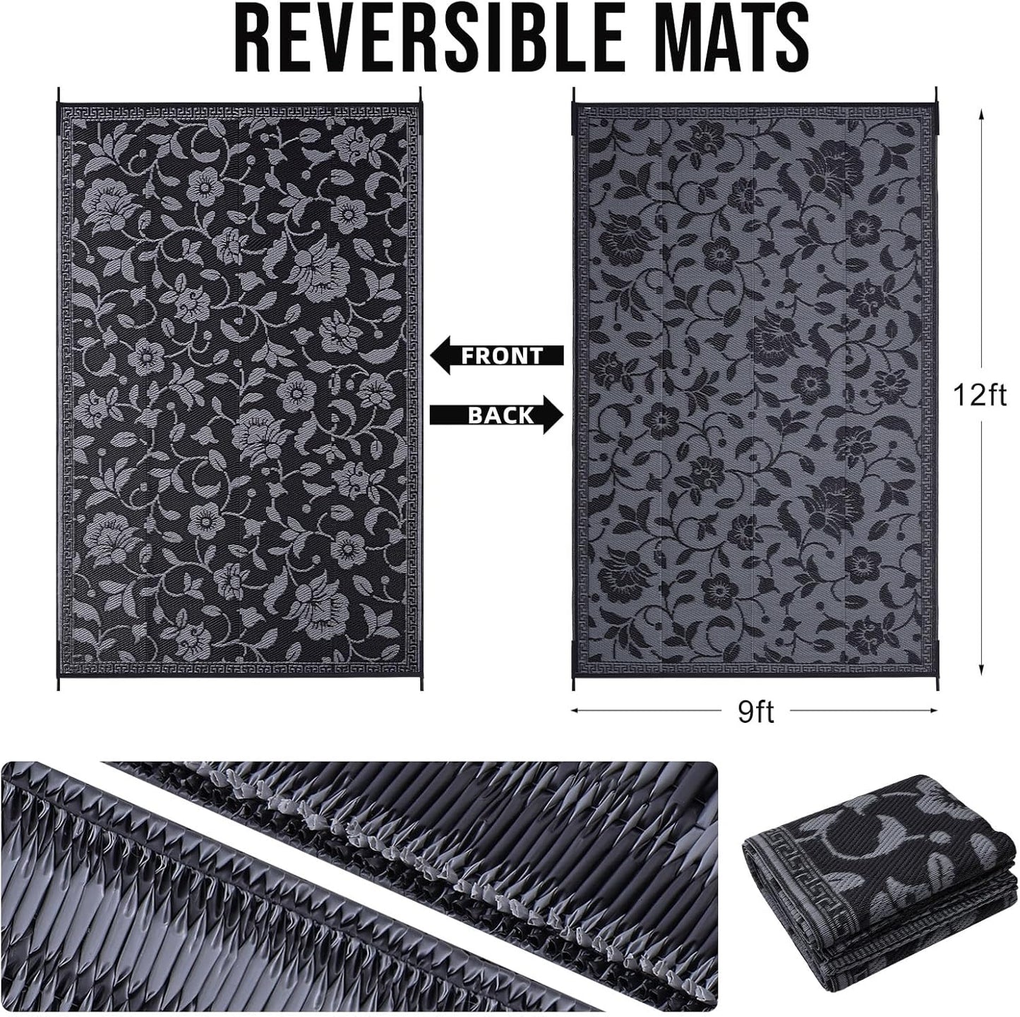 OLANLY Waterproof Outdoor Rug 9x12 ft, Outdoor Plastic Straw Rug with Flower Pattern, Reversible RV Mat for Patio, Camping, Balcony, Deck, Backyard, Black & Grey