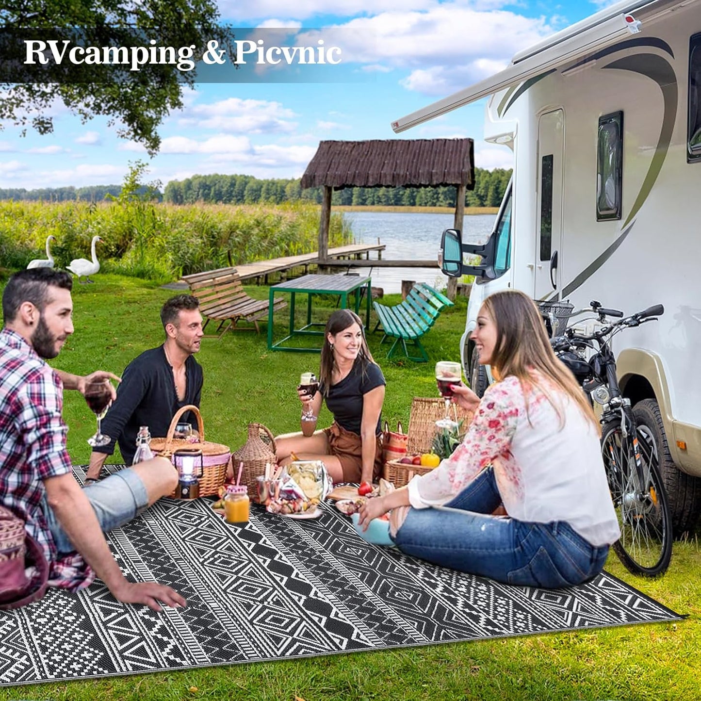 GAOMON Outdoor Rug for Patio 5'x8' Reversible Plastic Rugs Camping Mat for Outdoor, RV, Backyard, Deck, Balcony, Picnic, Beach, Black/White(Bohemia)