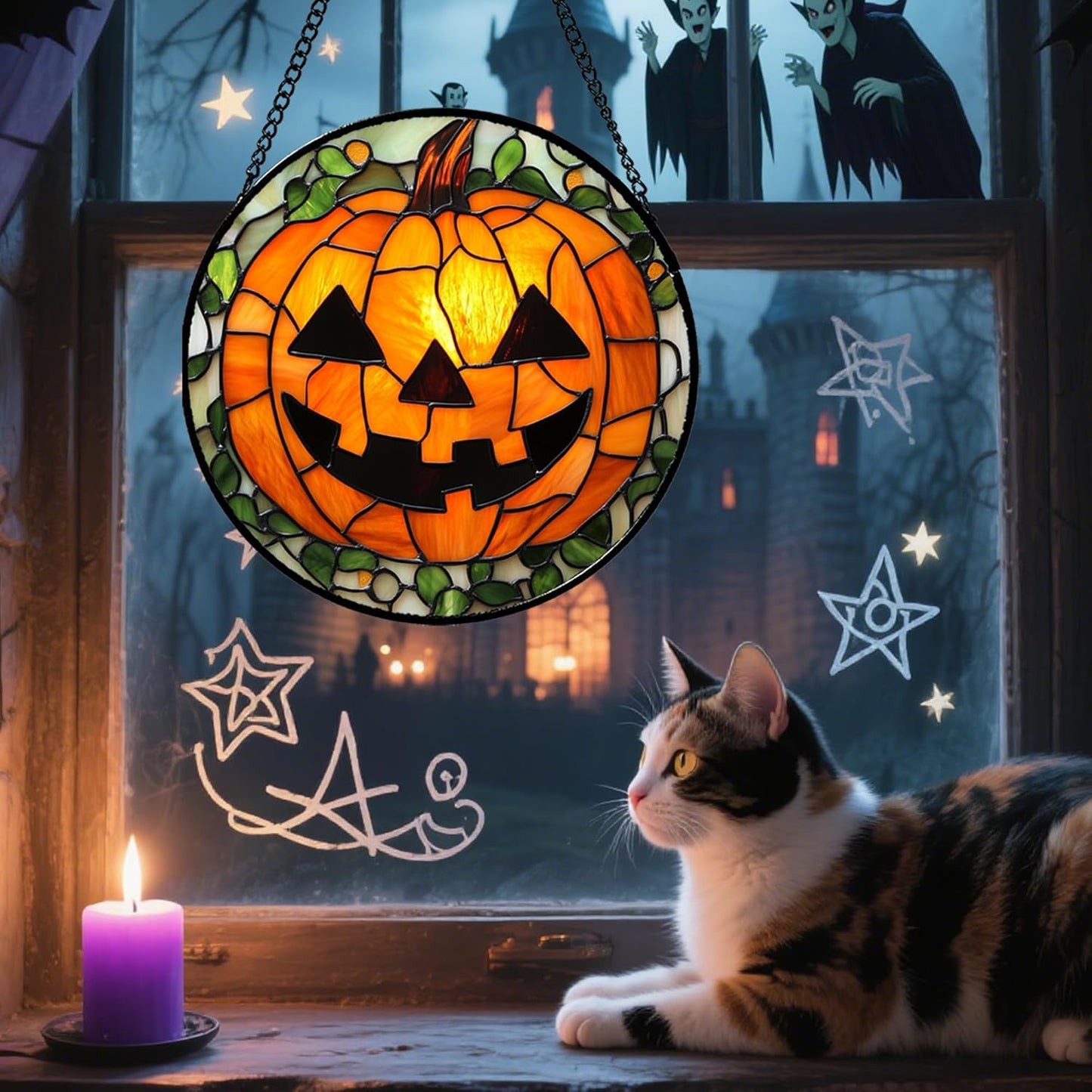 Stained Glass Window Hanging, Halloween Decorations Evil Pumpkin Suncatcher for Doors Garden Indoor Spooky Funny Orange Sun Catchers Gothic Decor Horror Gifts for Women Men Friend 15 in