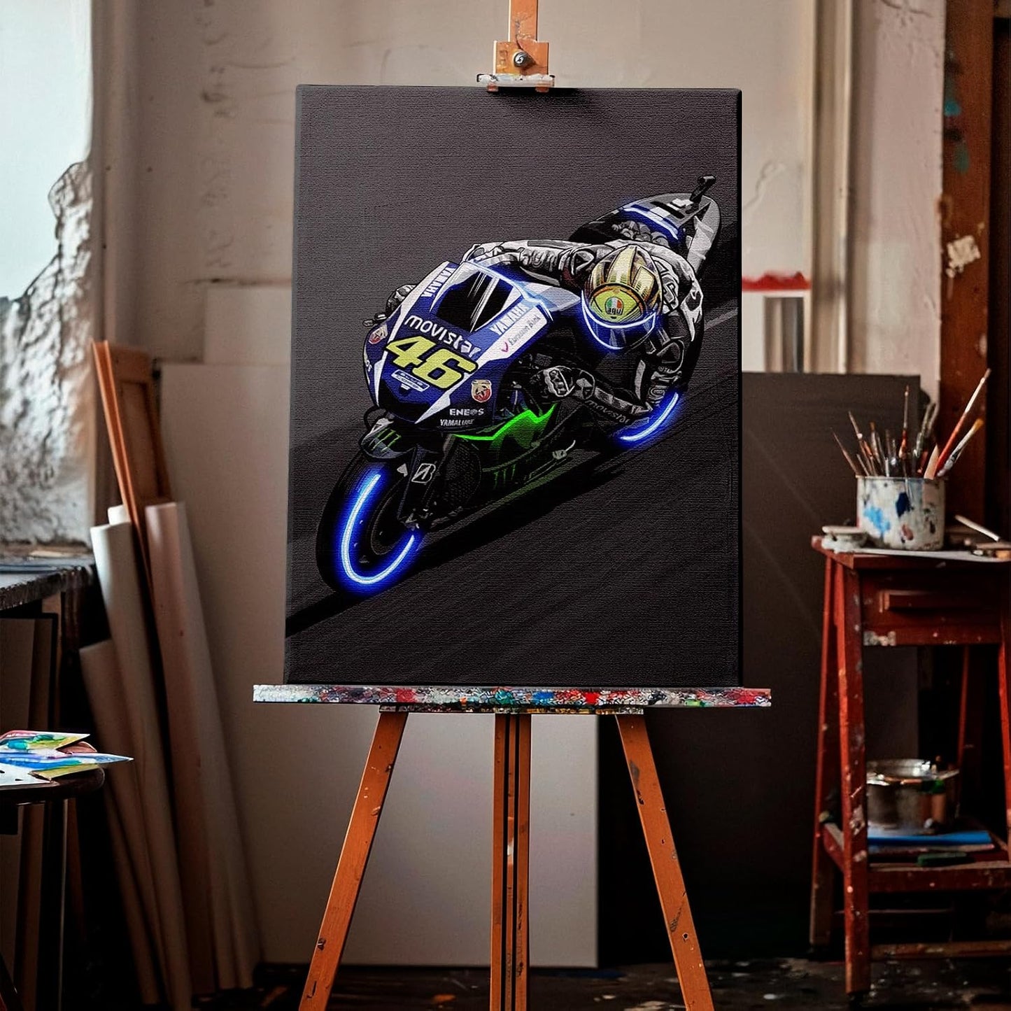 Sorventina Neon-Style Blue #46 YZR-M1 GP Bikes Canvas Wall Art - 16x24 Wrapped Frame, Non-LED, Ideal Home Decor for Bedroom Living Room Office Garage or Man Cave