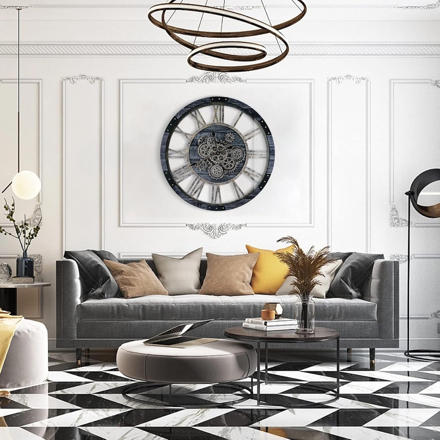 36 Inch Moving Gear Wall Clock, Oversized Wall Clocks, Clock Living Room Decor, Solid Wood Frame, Battery Operated, Large Wall Clock with Steampunk Industrial for Fireplace(Gray)