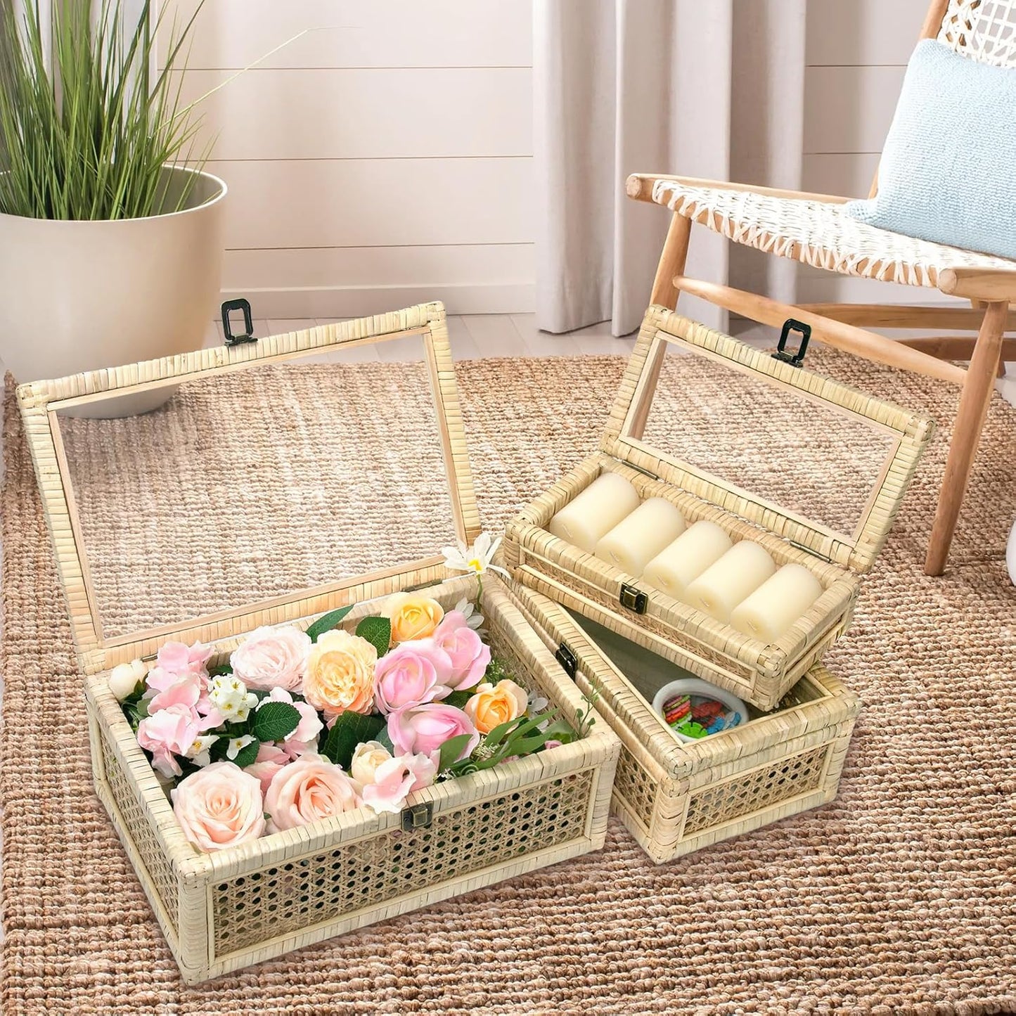 Rattan Decorative Boxes with Glass Lids, Set of 3 Sizes Boho Natural Hand-woven Cane Home Decor Organizers Storage Bins, Display Boxes Natural Finish
