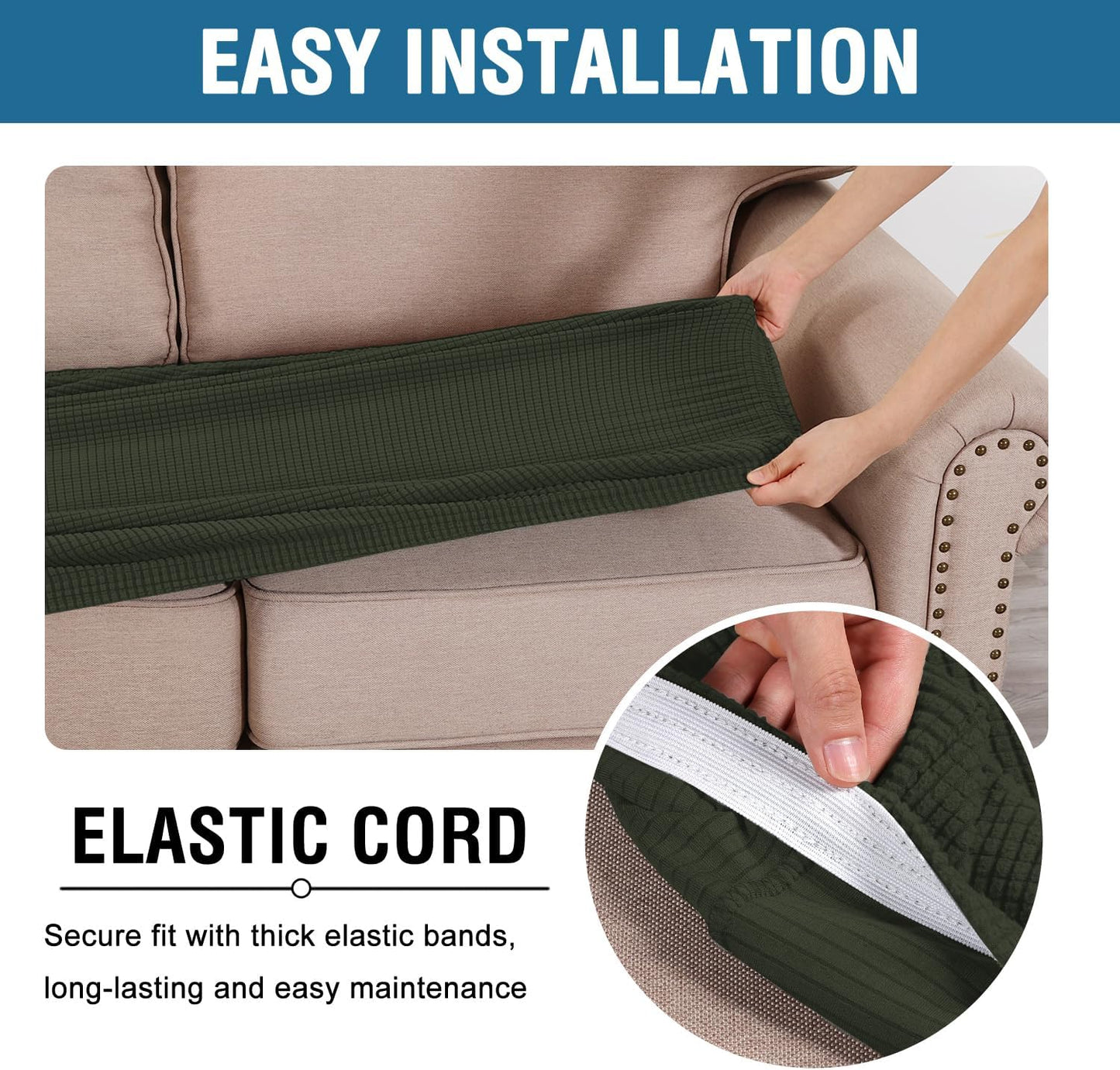 H.VERSAILTEX Super Stretch Individual Seat Cushion Covers Sofa Covers Couch Covers Slipcover Sets Thick Jacquard Textured Twill Fabric (2 Piece Large Sofa Cushion Covers, Olive)