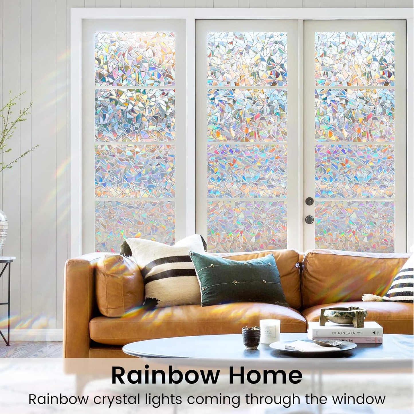 DOWELL Window Privacy Film, Rainbow Window Film, Decorative Stained Glass Clings, Static Cling Door Sticker, Non-Adhesive 3D Decals for Home UV Protection, 35.4 x 157.5 inches