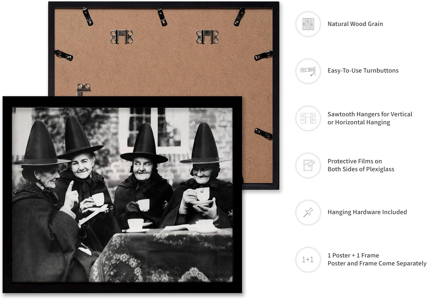 Poster Master Classic Photograph Poster - Vintage Halloween Print - Gift for Artist, Friend - Witches Tea Party, Old Women Smiling, Wearing Robes - Wall Decor for Living Room, 11x14 Black Framed