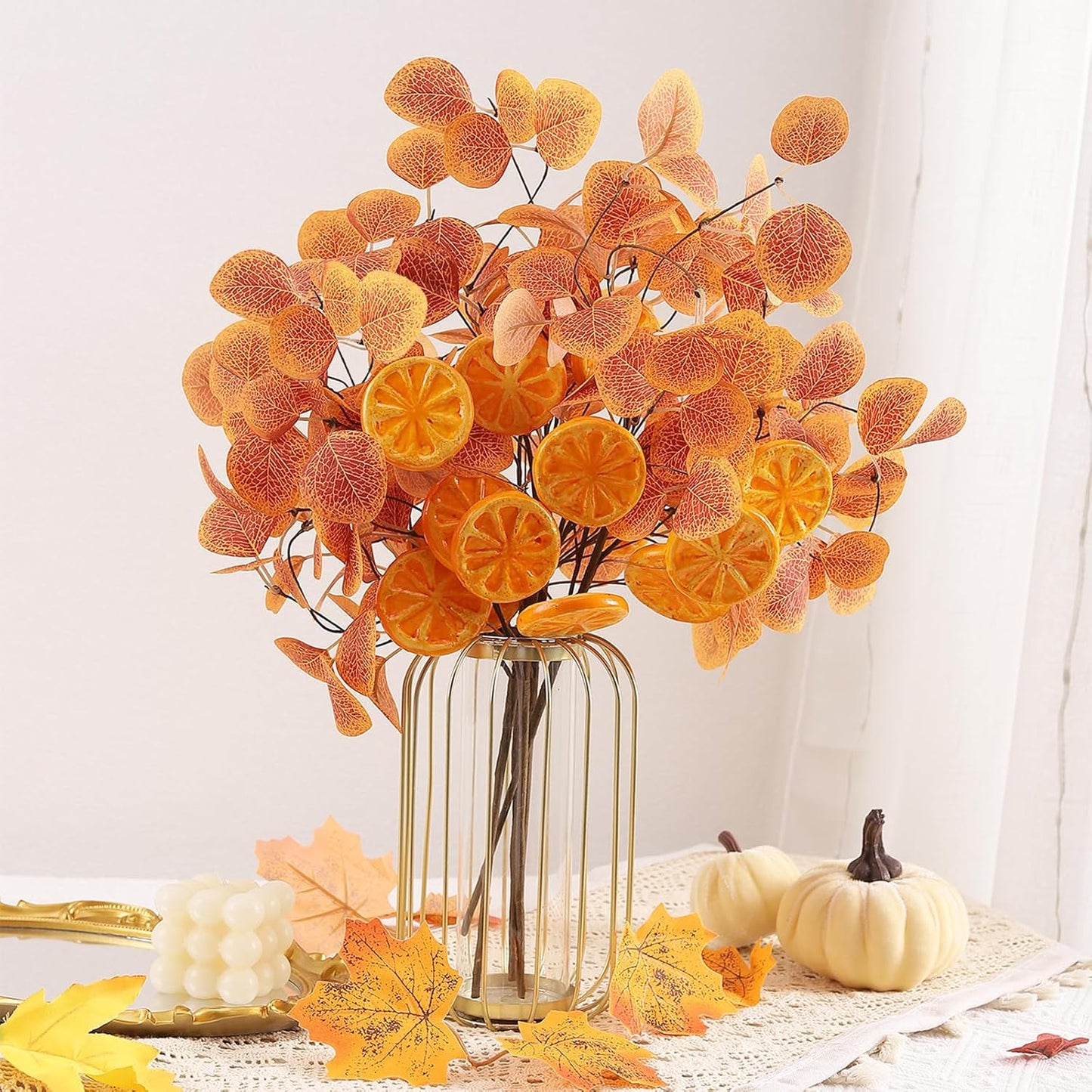 Eucalyptus Stems, 4PCS Artificial Lemon Stems Faux Citrus Branches Plastic Decor for Kitchen, Table Centerpieces, Entryway, Thanksgiving Wedding Party (Orange)