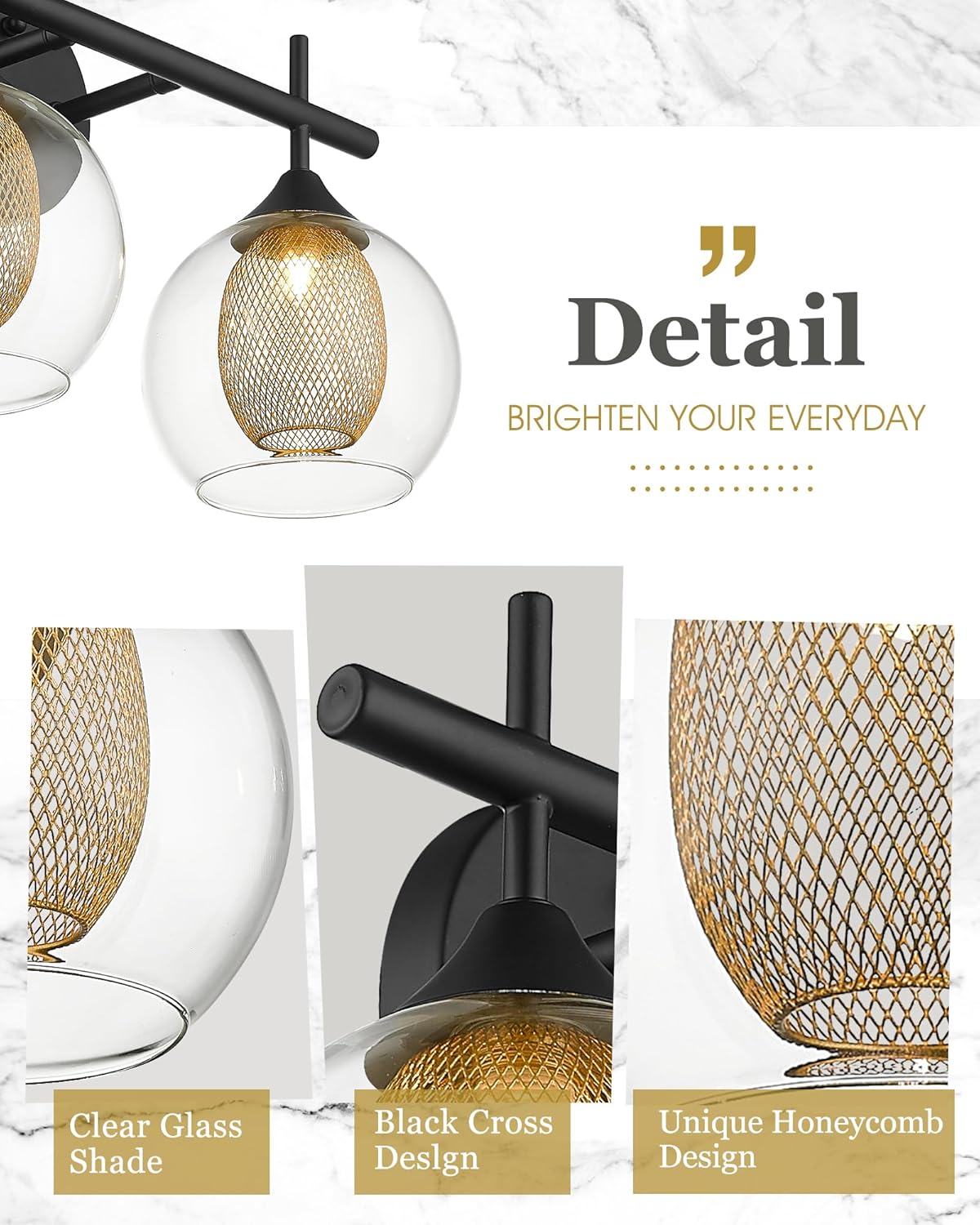 Bathroom Light Fixtures, 4-Light Black and Gold Vanity Lights Over Mirror, 30inch Farmhouse Wall Sconce Lighting with Clear Glass and Honeycomb Metal Shade, AD-22001-4W-BK