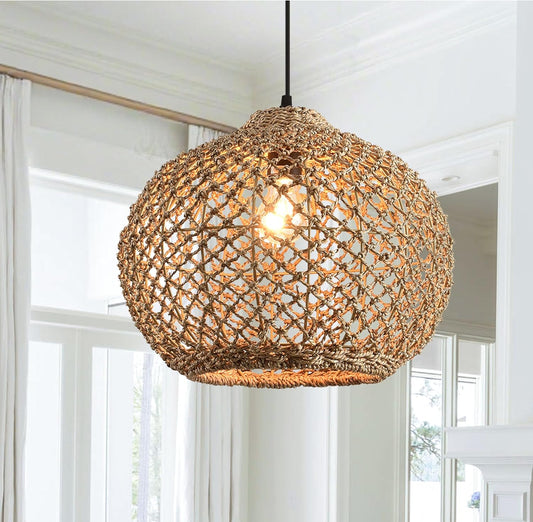 1-Pack 13.79” Rattan Pendant Light Fixture,1-Light Bohemian Handmade Woven Bamboo Wicker Suspension Farmhouse Chandelier for Kitchen Island Bedroom Living Room