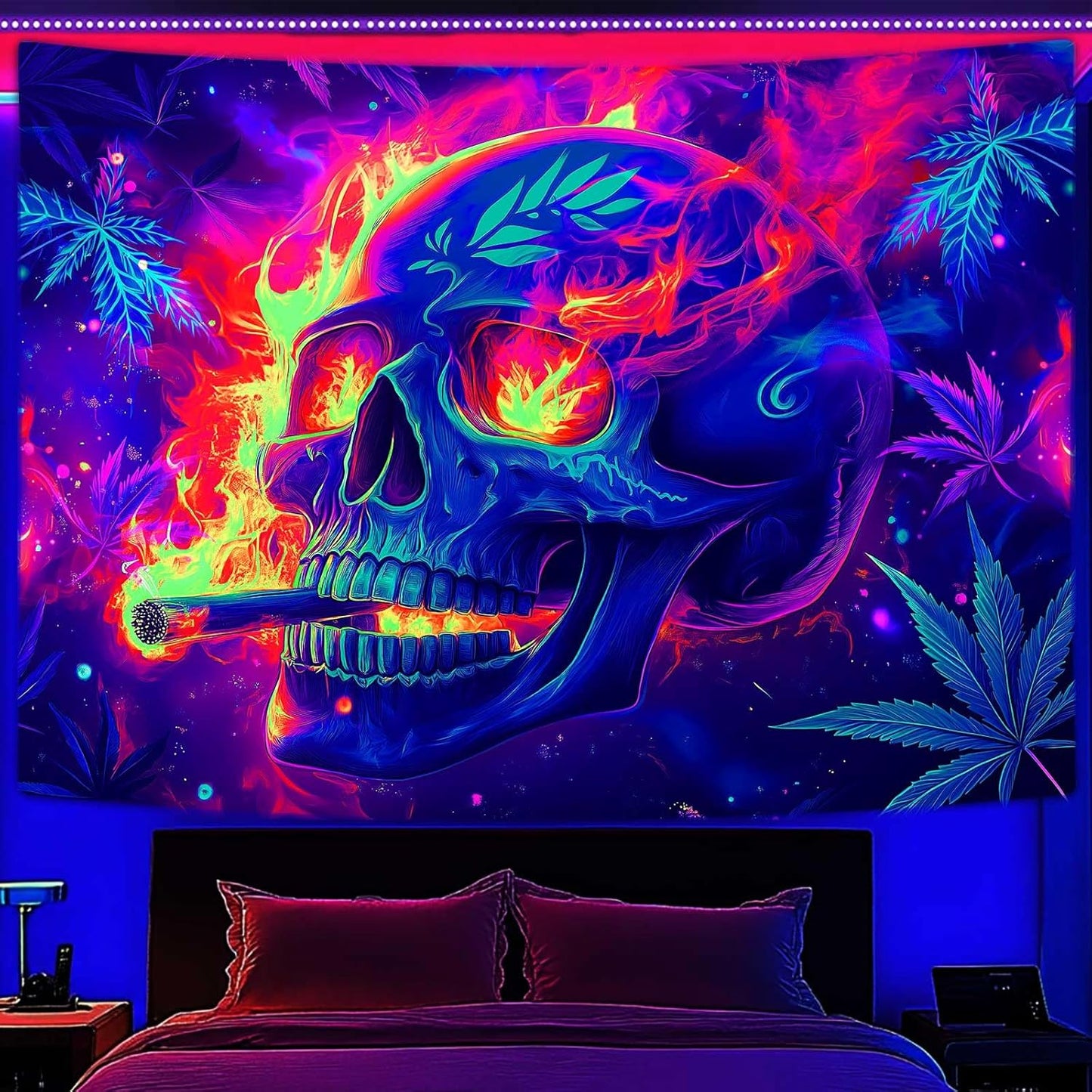 Blacklight Skeleton Tapestry, Glowing Skull UV Reactive Gothic Wall Hanging Tapestries, Glow in the Dark Grim Reaper Magic Horror Face Halloween Poster Tapestry for Bedroom Living Room Decor 60X40IN