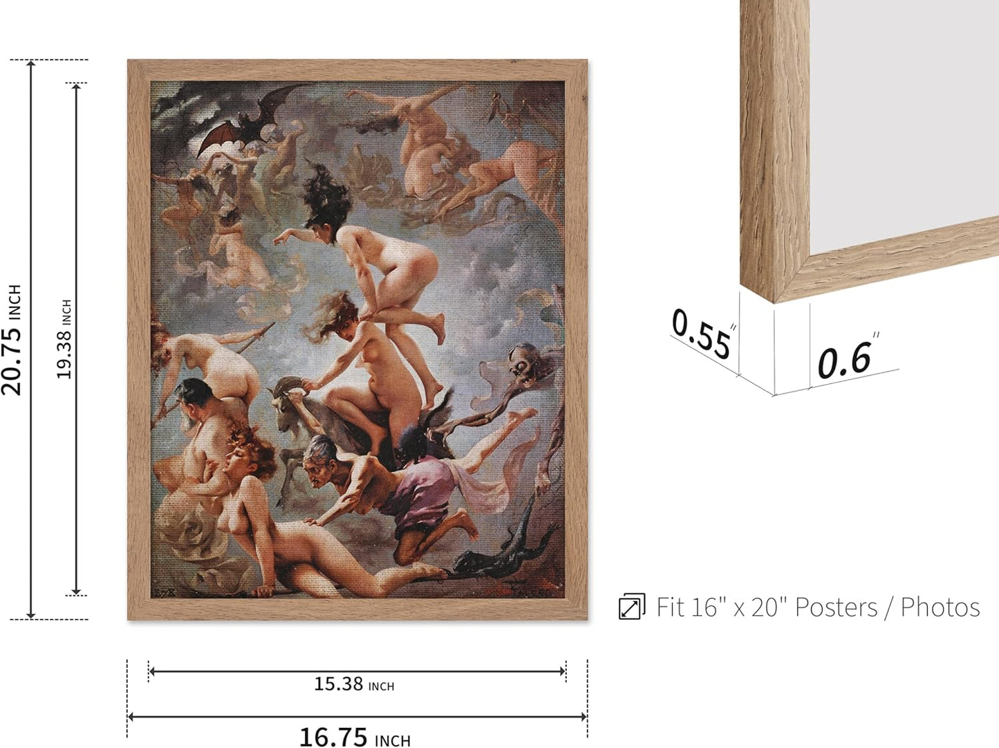 Poster Master Vintage Luis Ricardo Falero Poster - Retro Occult Print - Gift for Gothic, Horror Fan - Witches Going to their Sabbath, Pagan - Wall Decor for Bedroom, Dorm, 16x20 Beige Framed