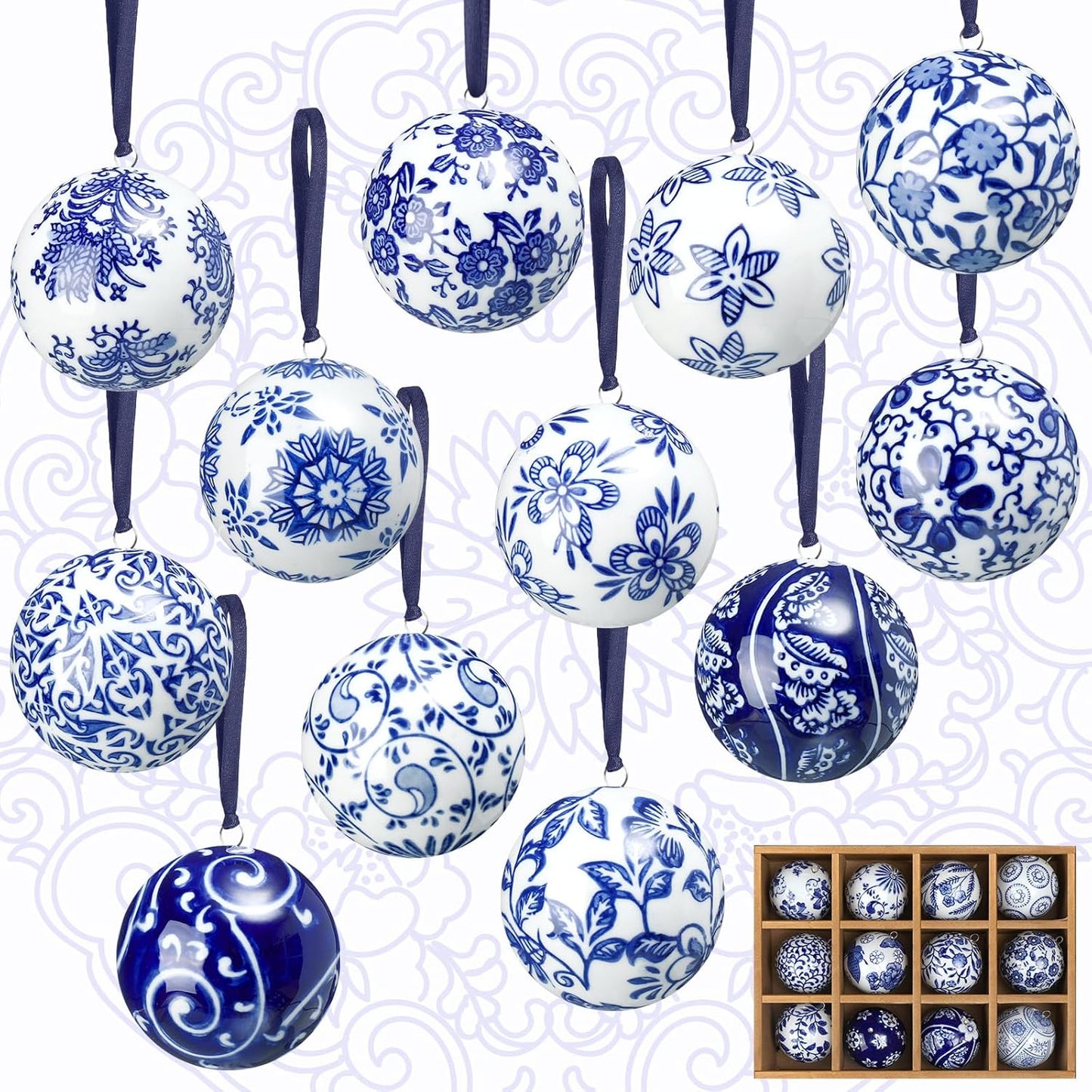 Cindeer 12 Pcs Blue and White Christmas Porcelain Balls 2.4 Inch Porcelain Chinoiserie Ornament Bulk Christmas Ceramic Hanging Decorative for Tree Home Xmas Party (Elegant Style)