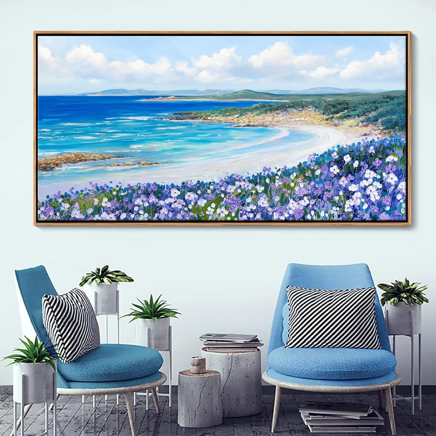 Mofutinpo Coastal Beach Wall Art,Large Purple Flower Landscape Canvas Wall Art for Living Room & Bedroom Decor, Framed Blue Beach Pictures & Paintings for Walls,Ocean Artwork for Home & Office 29x58IN