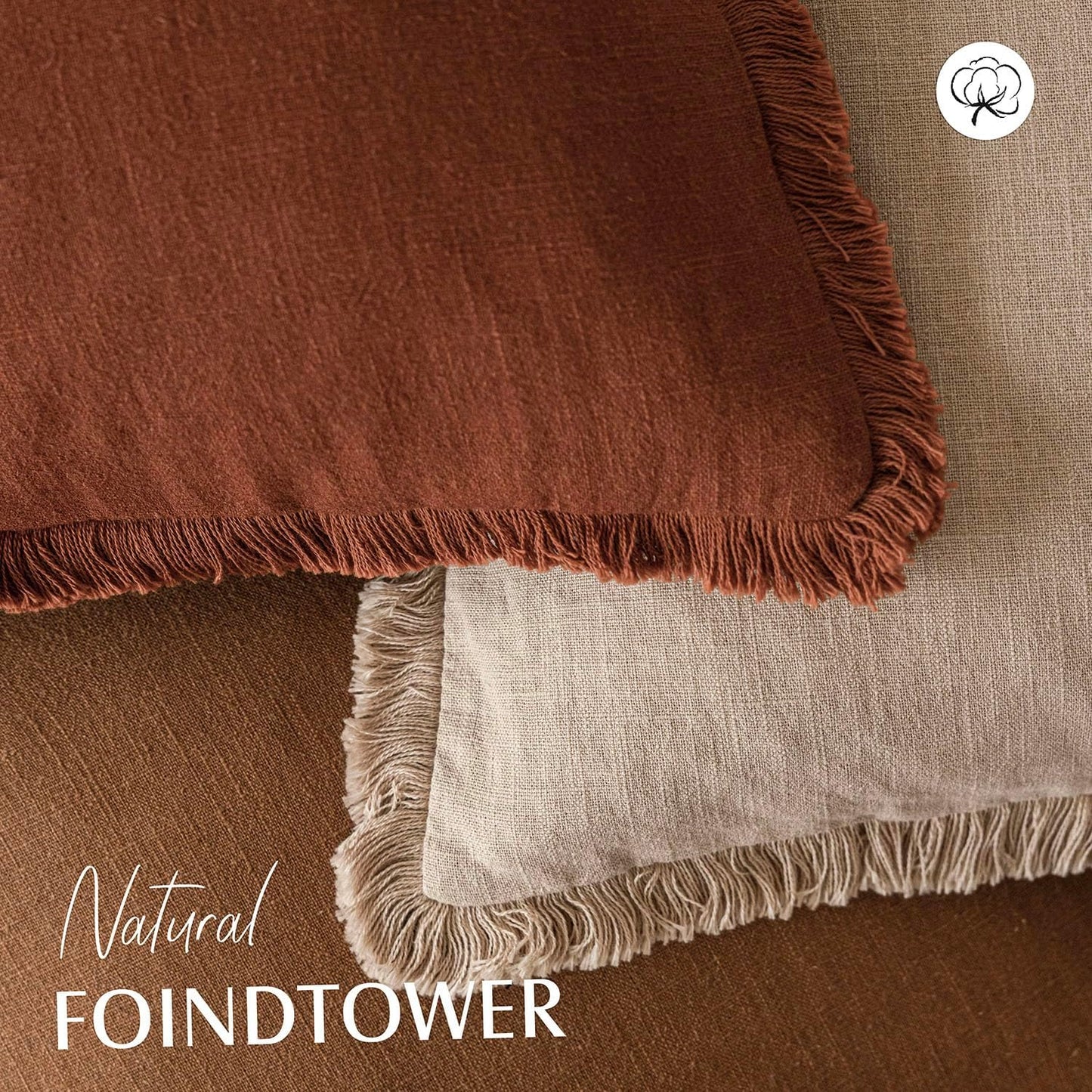 Foindtower Set of 2 Decorative Linen Fringe Throw Pillow Covers Boho Farmhouse Cushion Cover with Tassels Soft Accent Pillowcase for Couch Sofa Bed Living Room Home Decor,20×20 Inch,Orange Brown
