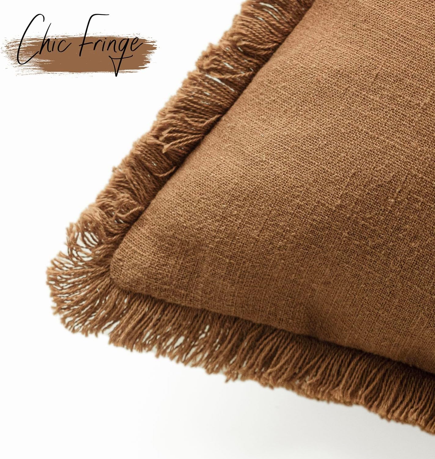 Foindtower Set of 2 Decorative Linen Fringe Throw Pillow Covers Cozy Boho Farmhouse Cushion Cover with Tassels Soft Accent Pillowcase for Couch Sofa Bed Living Room Home Decor,16×16 Inch,Orange Brown