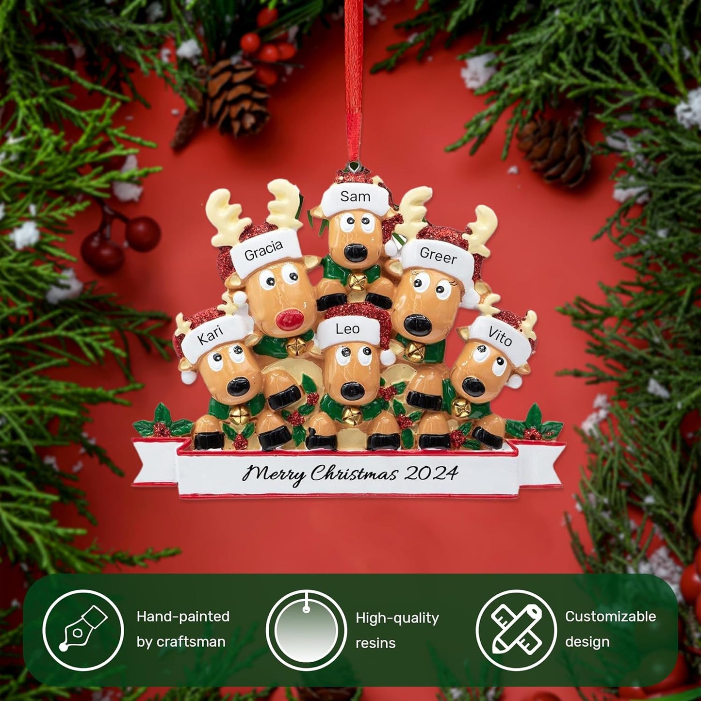 Personalized Christmas Ornaments 2025, Custom Reindeer Family Ornaments for Trees with Names, Handcrafted Christmas Deer Decorations for 2-8 Members, Meaningful Xmas Family of 6