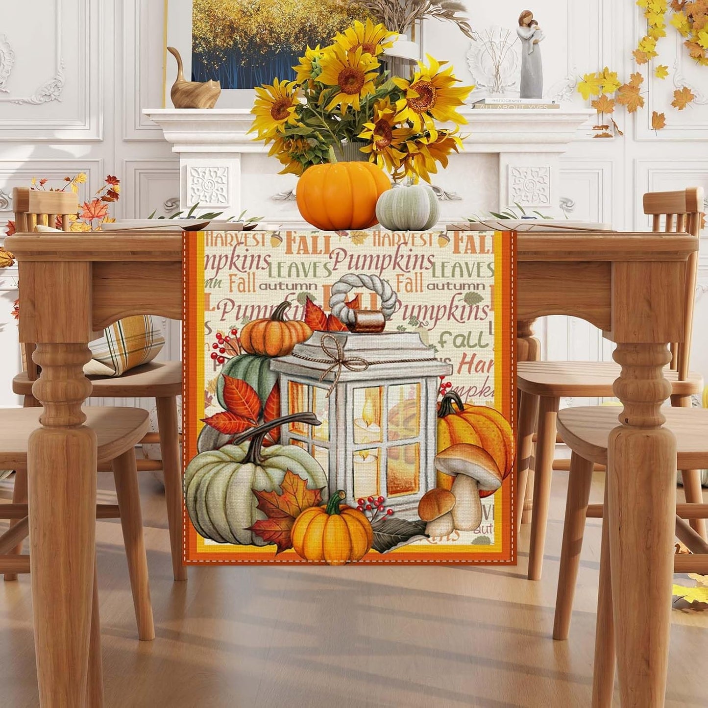 Linen Fall Table Runner - 48 Inch Farmhouse Leaves Pumpkin Table Decor Autumn Thanksgiving Home Kitchen Dining Room Decoration
