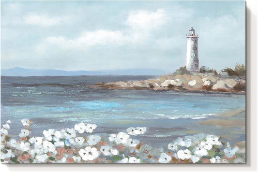cozy country Lighthouse Wall Art 36"x24" - Coastal Pictures Beach Canvas Ocean Decor - Nautical Artwork Seascape Hand Painting for Bedroom, Sea House
