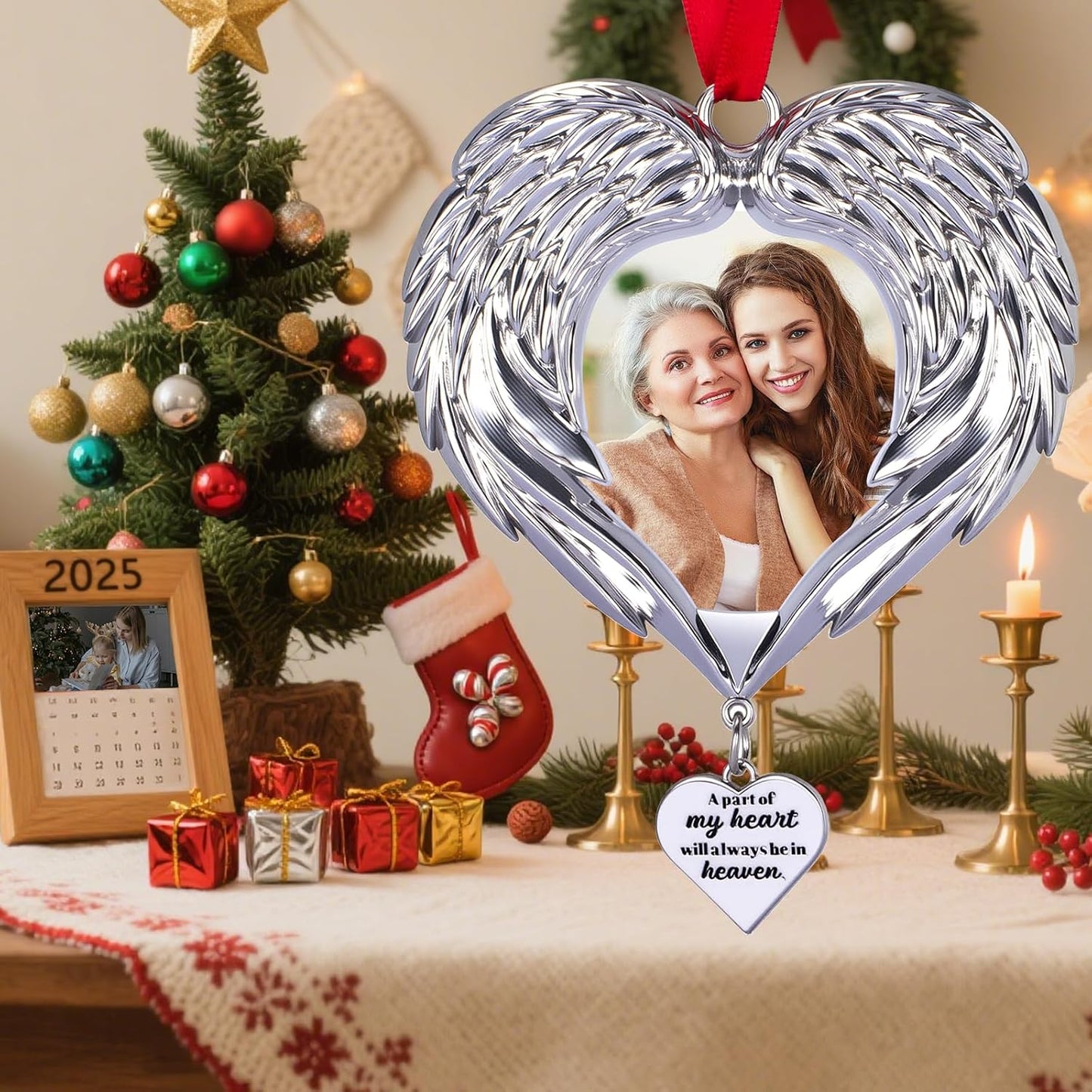 Memorial Christmas Angel Wings Photo Ornaments 2025 Sympathy Gifts for Loss of Loved One - Personalized Angel Wings Picture Frame Ornament for Christmas in Heaven Tree Decor