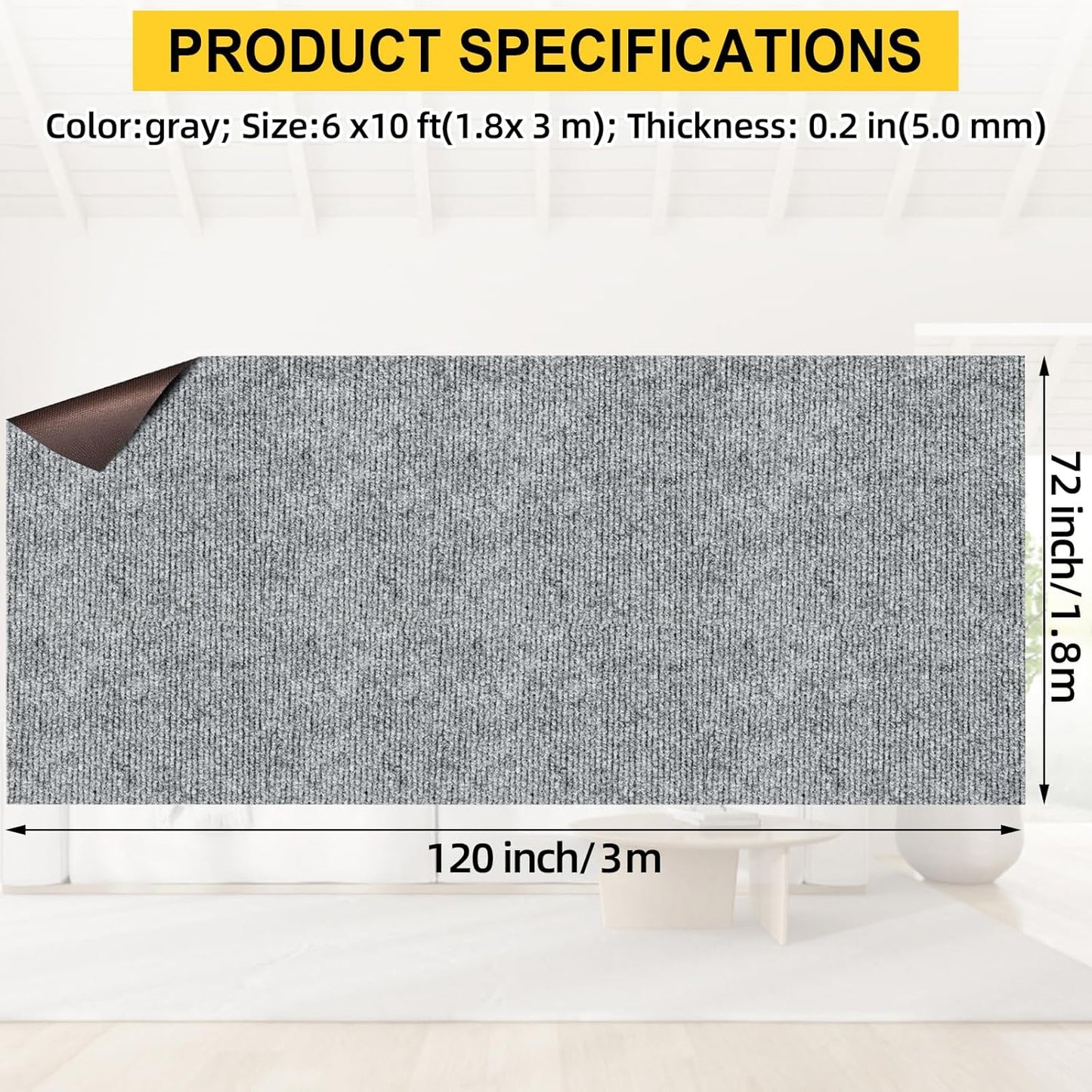 Marine Carpet,6 FT x 10 FT Smoke Gray Indoor Outdoor Carpet 0.2" Thick Boat Carpet with Water-Proof TPE Backing, Non-Slide Outdoor Marine Carpet Roll for Home, Patio, Porch, Deck