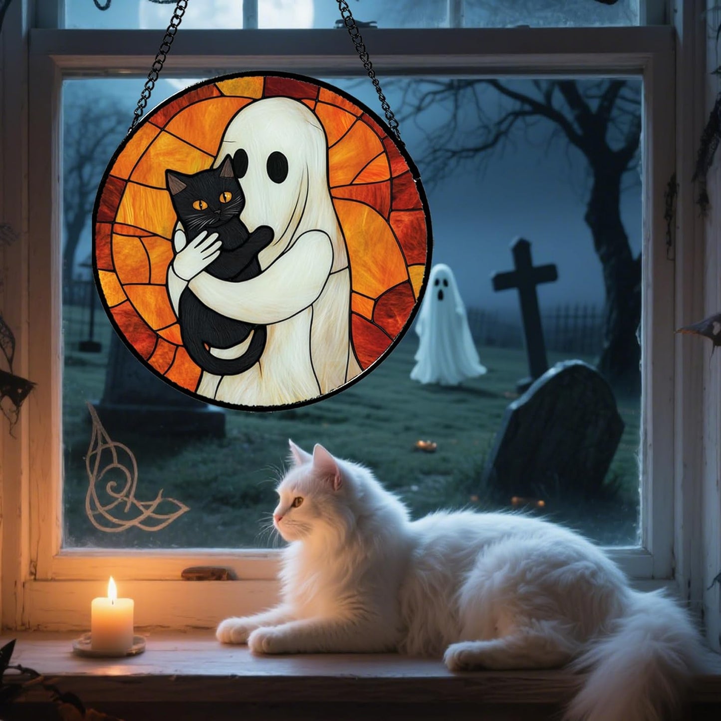 Stained Glass Window Hanging - Halloween Decorations White Ghost Black Cat Suncatcher for Doors Garden Spooky Funny Orange Sun Catchers Gothic Decor Horror Gifts for Women Men Friend 7.8 in