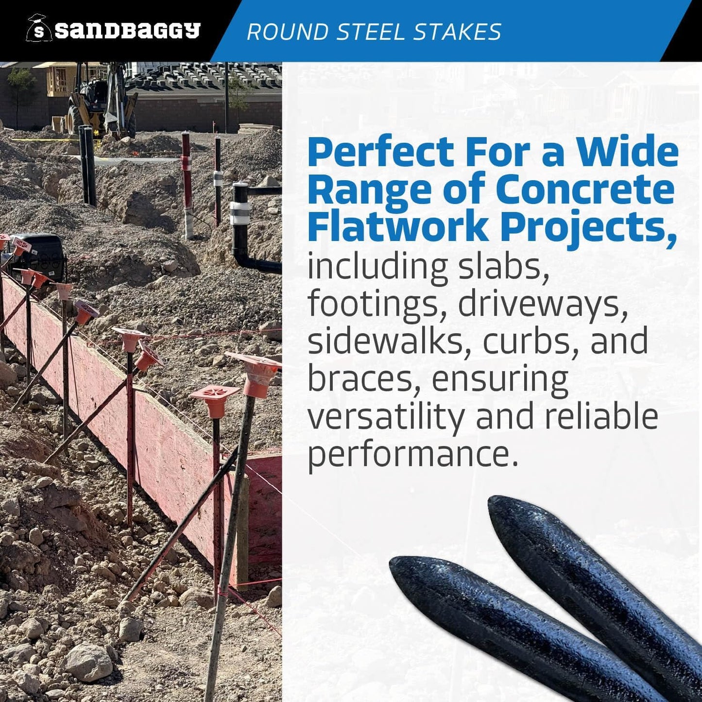 Sandbaggy Round Steel Concrete Form Stakes with Nail Holes - Rust Resistant Coating - Removable, Reusable (50, 3/4 in X 36 in)