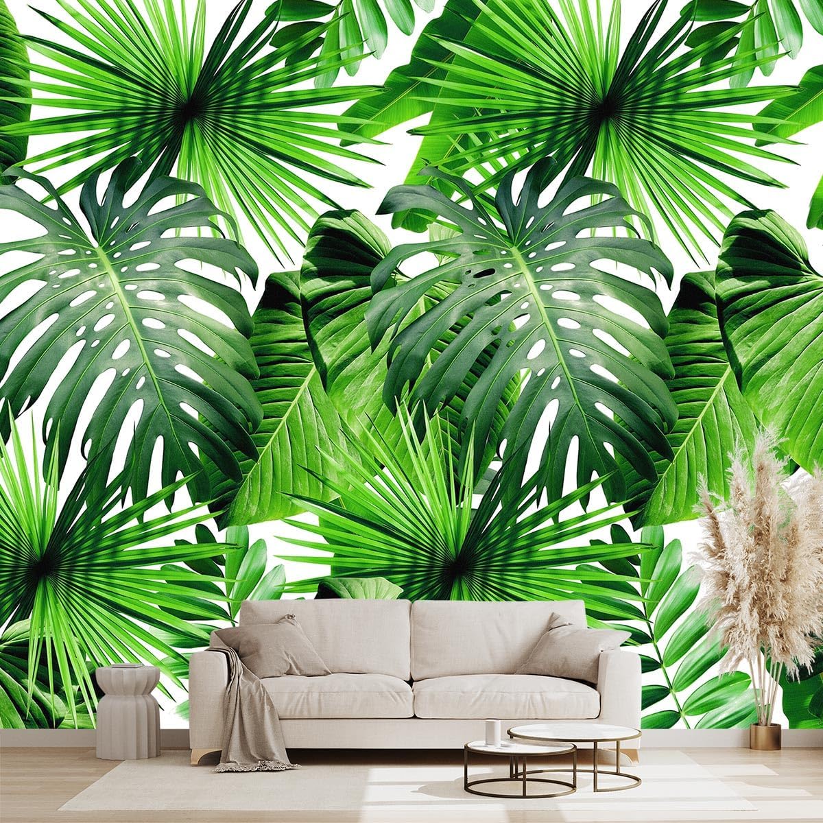 Tropical Green Botanical Leaf Wallpaper Bedroom Plant Mural Room Decor Living Room tv Background Large Wall Mural - 91"x65" (Not Peel and Stick)
