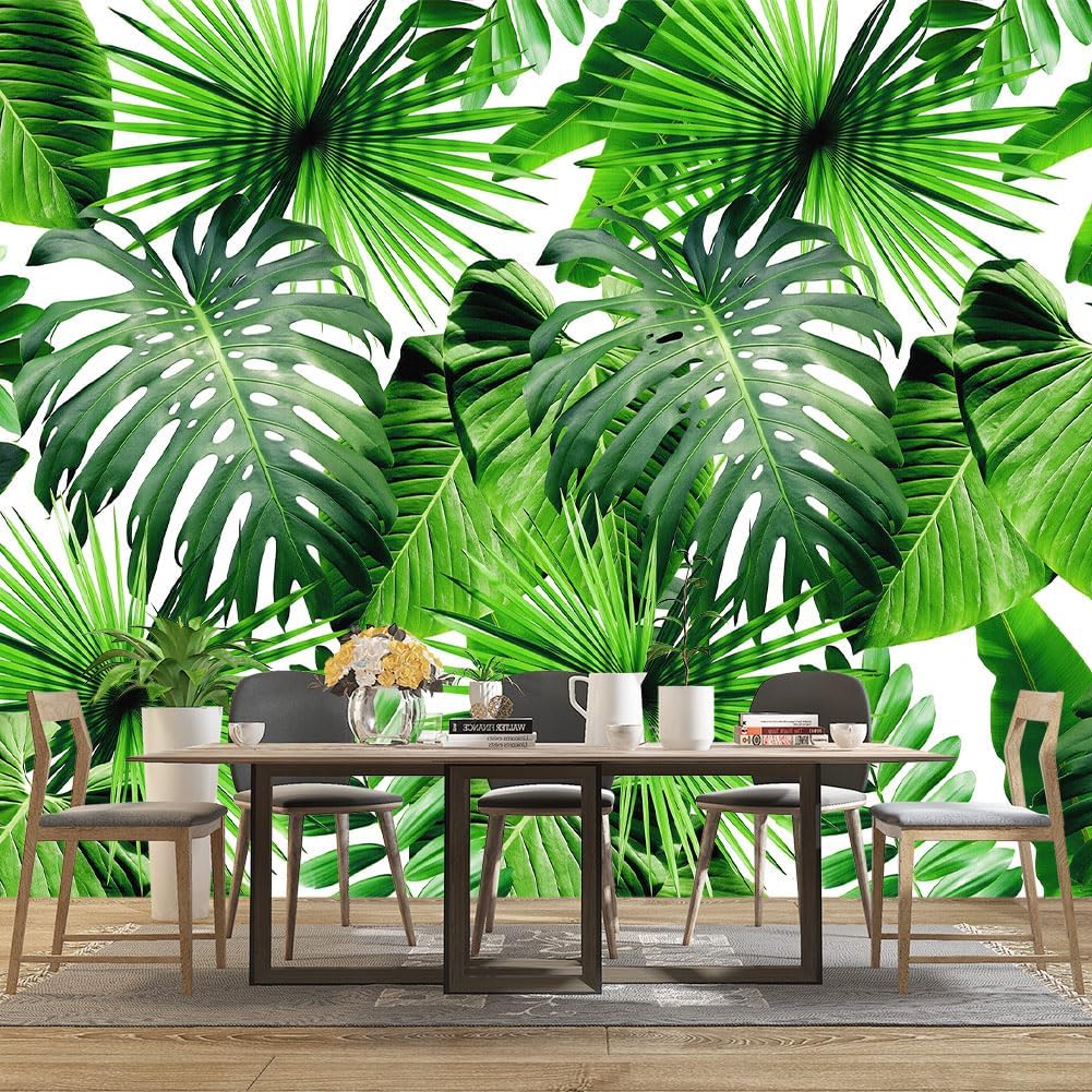 Tropical Green Botanical Leaf Wallpaper Bedroom Plant Mural Room Decor Living Room tv Background Large Wall Mural - 91"x65" (Not Peel and Stick)