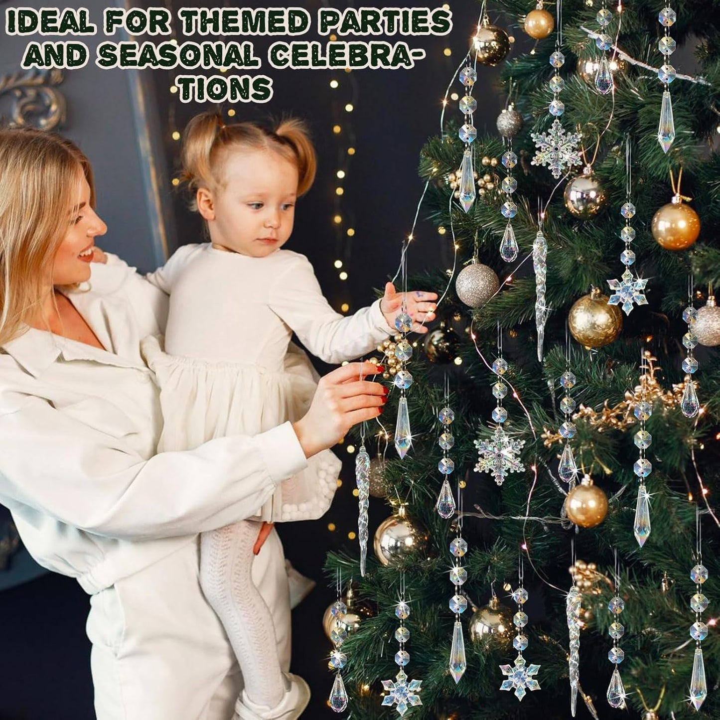 80pcs Christmas Crystal Snowflake Ornaments for Tree - Iridescent Christmas Acrylic Snowflakes Drop Icicle Pendants Hanging Ornaments for Xmas Tree Winter Holiday Frozen Wedding Party Decorations