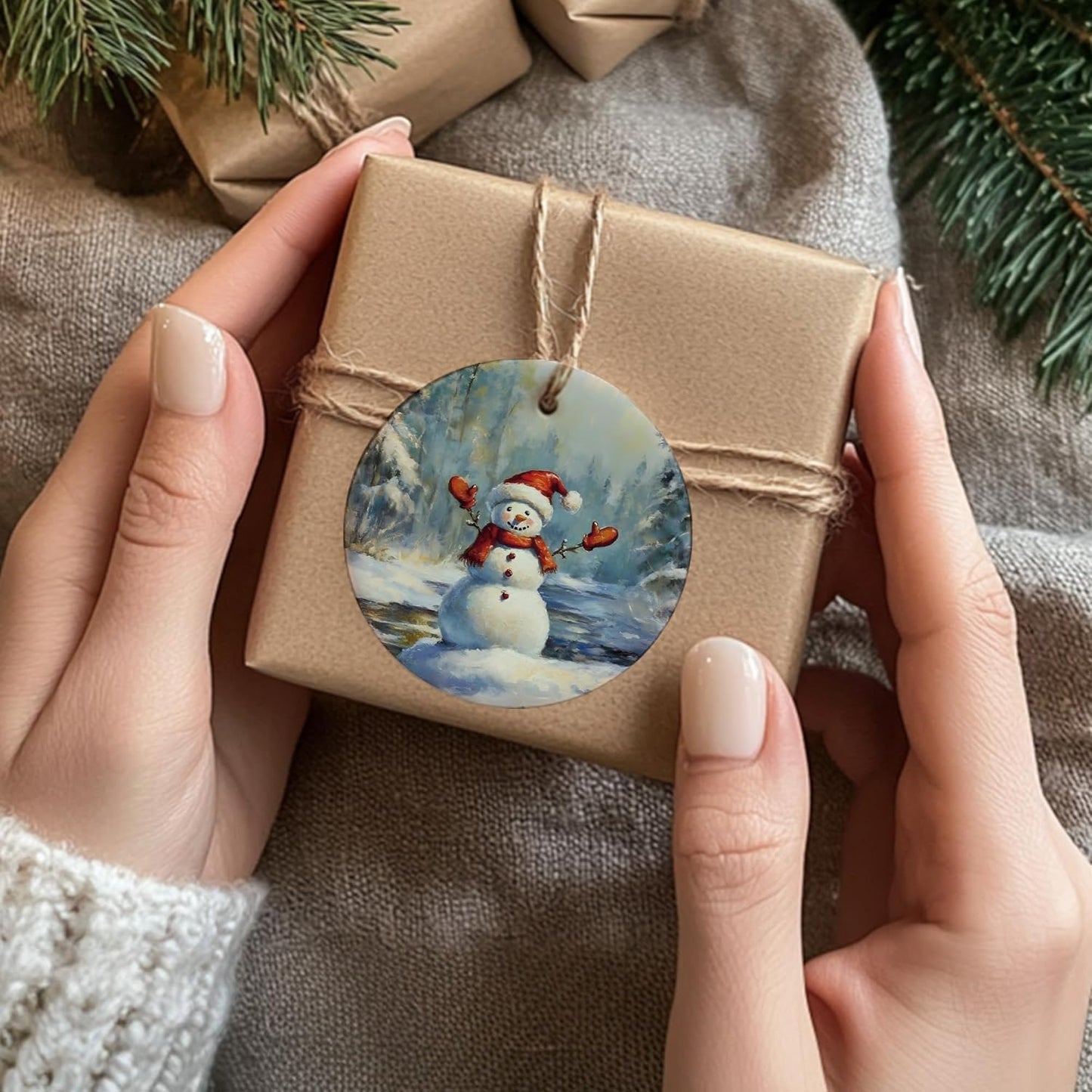 Winter Christmas Snowman Ceramic Ornament Gifts, Rustic Winter Christmas Decorative Hanging Ornaments for Xmas Tree Holiday Party Decoration, Snowman Xmas Tree Decorations