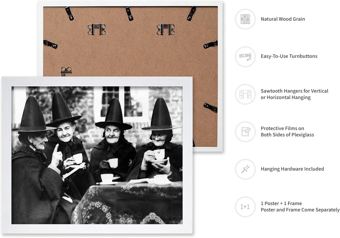 Poster Master Classic Photograph Poster - Vintage Halloween Print - Gift for Artist, Friend - Witches Tea Party, Old Women Smiling, Wearing Robes - Wall Decor for Living Room, 16x20 White Framed