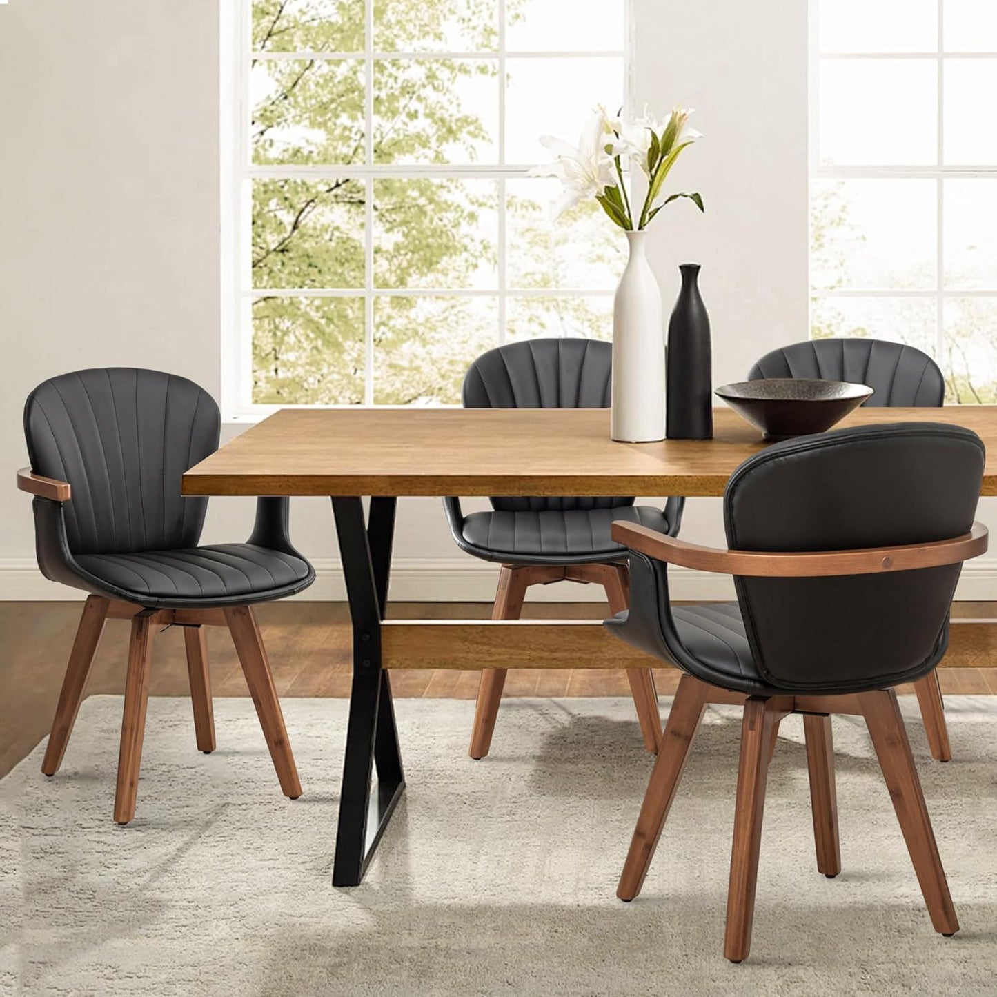 LUNLING Swivel Dining Chairs Set of 4, Mid Century Modern Black Faux Leather Kitchen Chairs with Arms,Bamboo Legs Side Chairs No Wheels,Accent Chair for Dining Rooms and Offices
