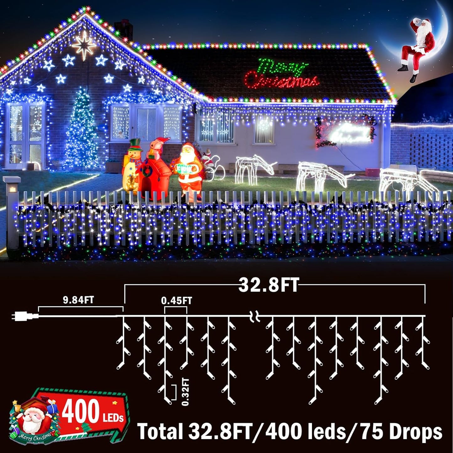 KNONEW Christmas Lights Outdoor Decorations 400 LED 33ft Curtain Fairy String Light with 75 Drops(Blue and White)