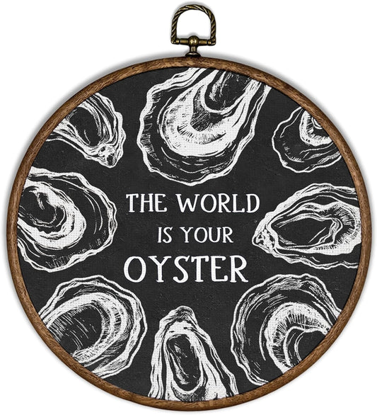 XBBMGG Black Vintage Oyster Wall Art Decor, Beach Nautical Round Wall Hanging Decor, Retro Ocean The World Is Your Oyster Framed Canvas Prints for Home Bedroom Living Room Decorations, 10x10inch