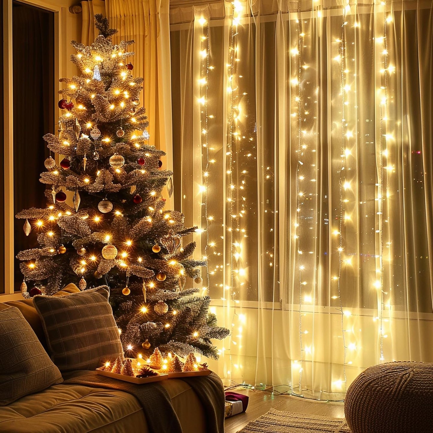 FUNPENY Window Curtain String Lights, 300 LED 8 Lighting Modes Fairy Lights USB Powered, Waterproof Lights for Christmas Bedroom Party Wedding Home Garden Wall Decorations, Warm White