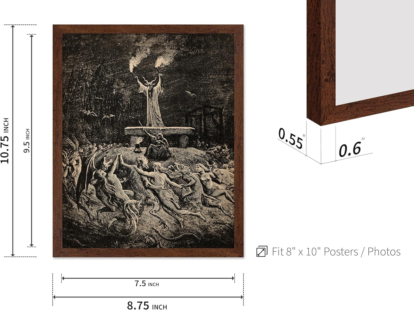 Poster Master Vintage Gustave Dore Poster - Retro Illustration Print - Gift for Gothic, Horror Fan - Dance of Sabbath, Witch, Magic, Spell - Wall Decor for Bedroom, Dorm, 8x10 Brown Framed