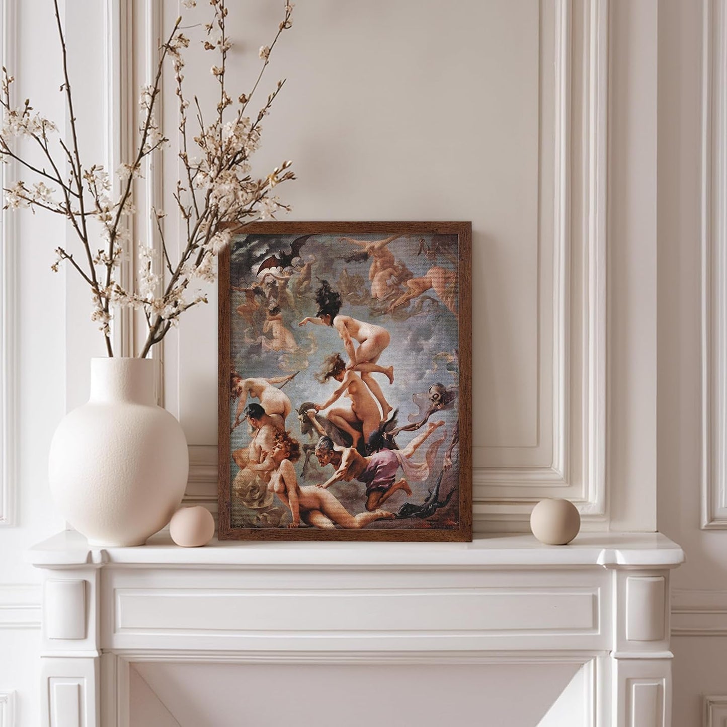 Poster Master Vintage Luis Ricardo Falero Poster - Retro Occult Print - Gift for Gothic, Horror Fan - Witches Going to their Sabbath, Pagan - Wall Decor for Bedroom, Dorm, 8x10 Brown Framed