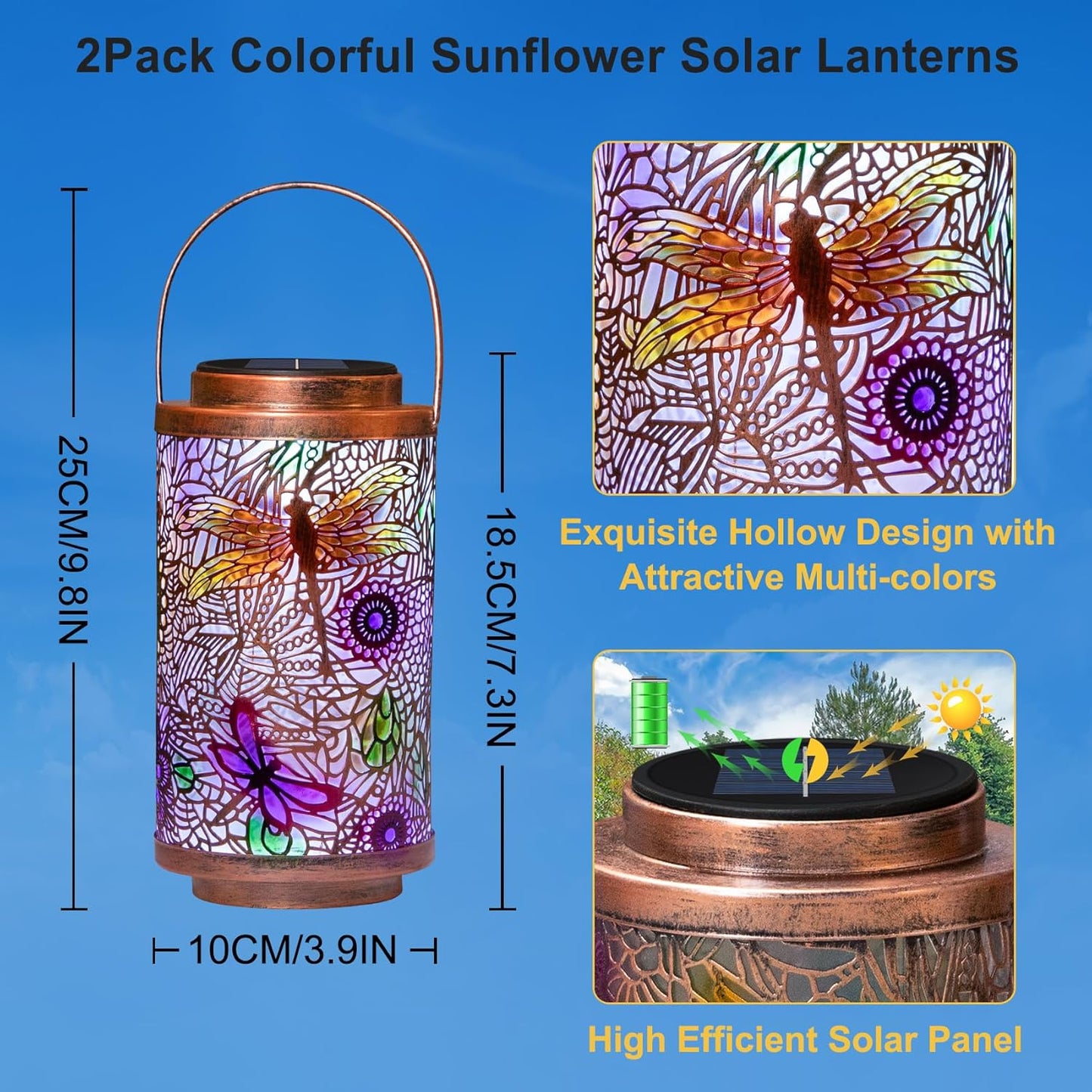 2Pack Solar Outdoor Lanterns Waterproof Multicolor Dragonfly Garden Gifts for Mom Women Backyard Lights Lanterns for Indoor,Outdoor, Porch, Outside,Mothers Day Gifts for Grandma Wife