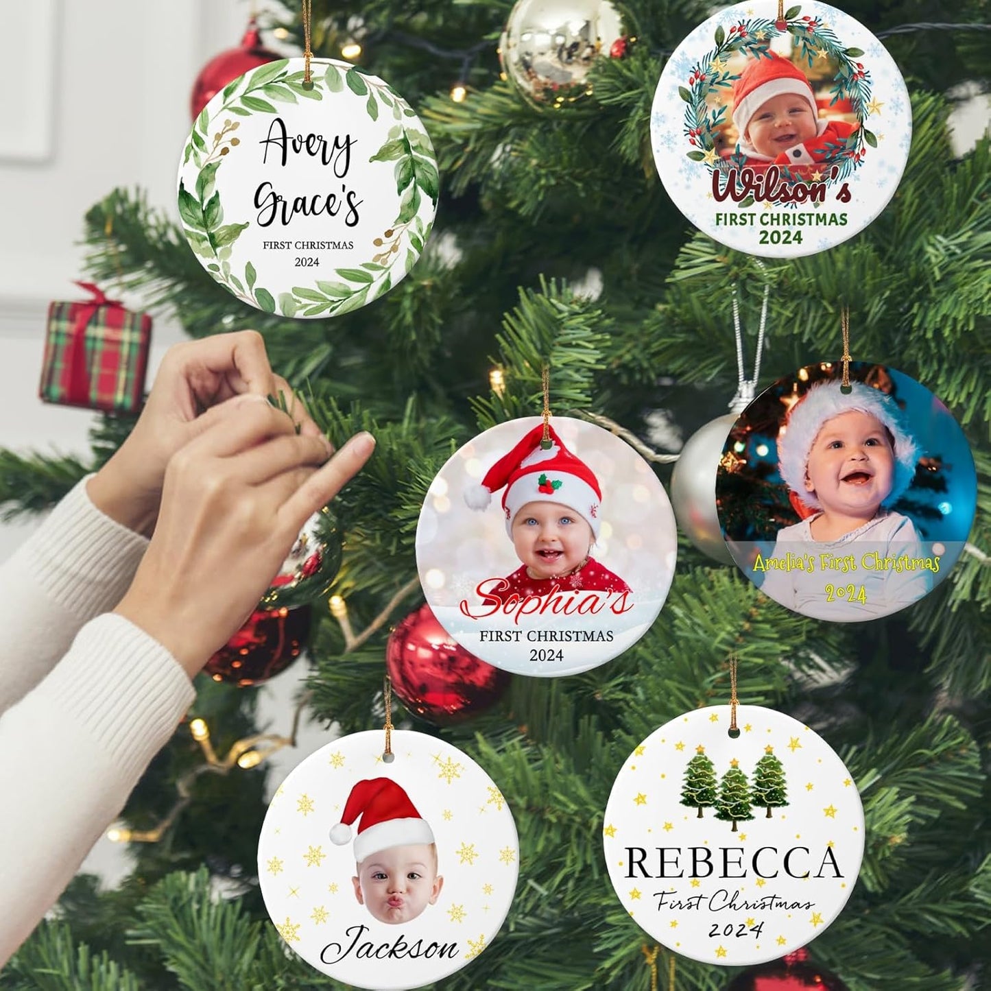 Personalized Baby Christmas Ornaments with Photo 2025 Custom Babys First Christmas Picture Name Ornaments,Double-Sided Ceramic Customized Xmas Ornaments for Christmas Tree
