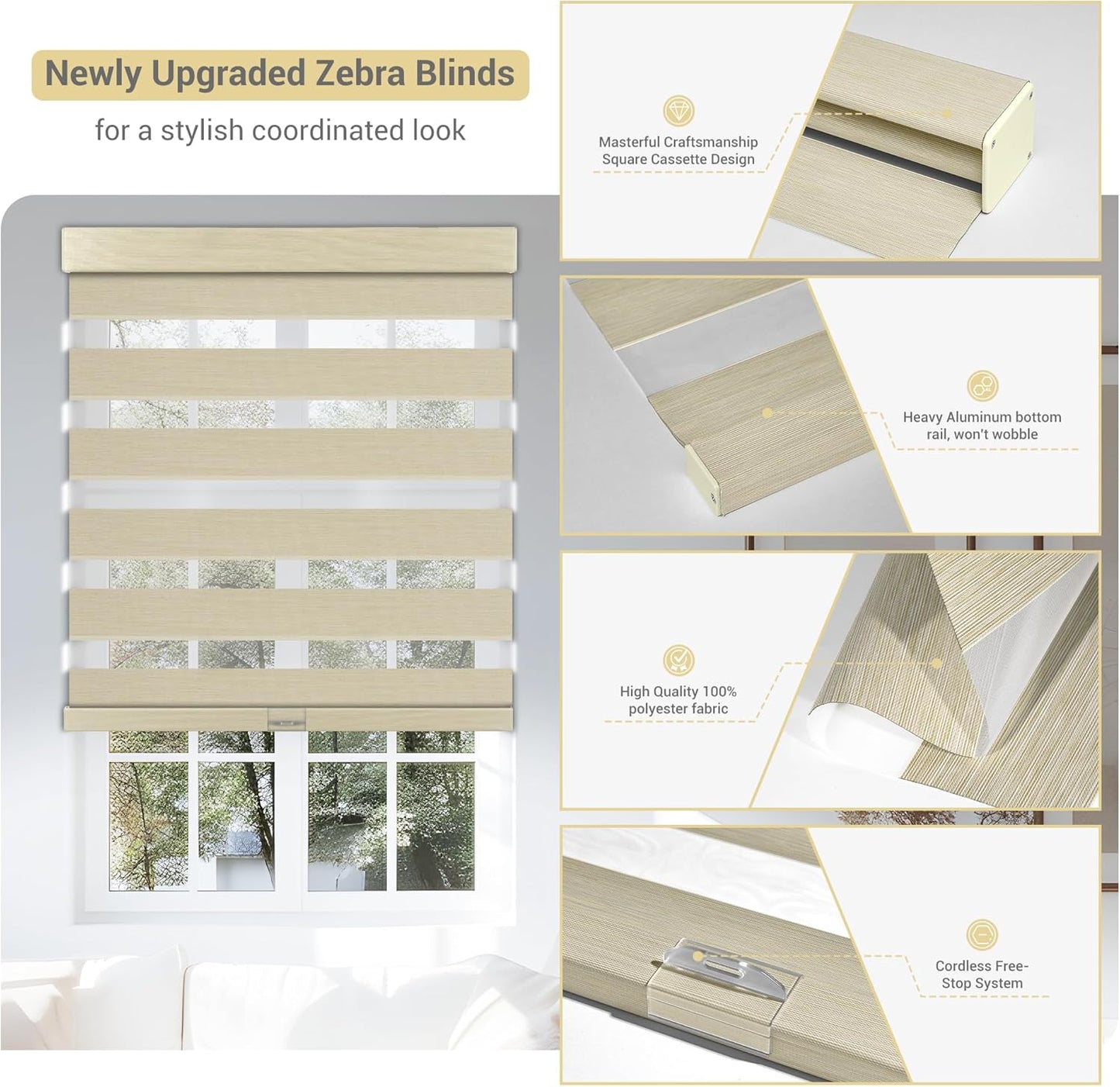 Cordless Zebra Blinds for Windows, Blackout Interior Blinds,Easy to Install,UV Protection,for Offices and Home,Custom Roller Shades, Mousse Beige,28" W x 72" H