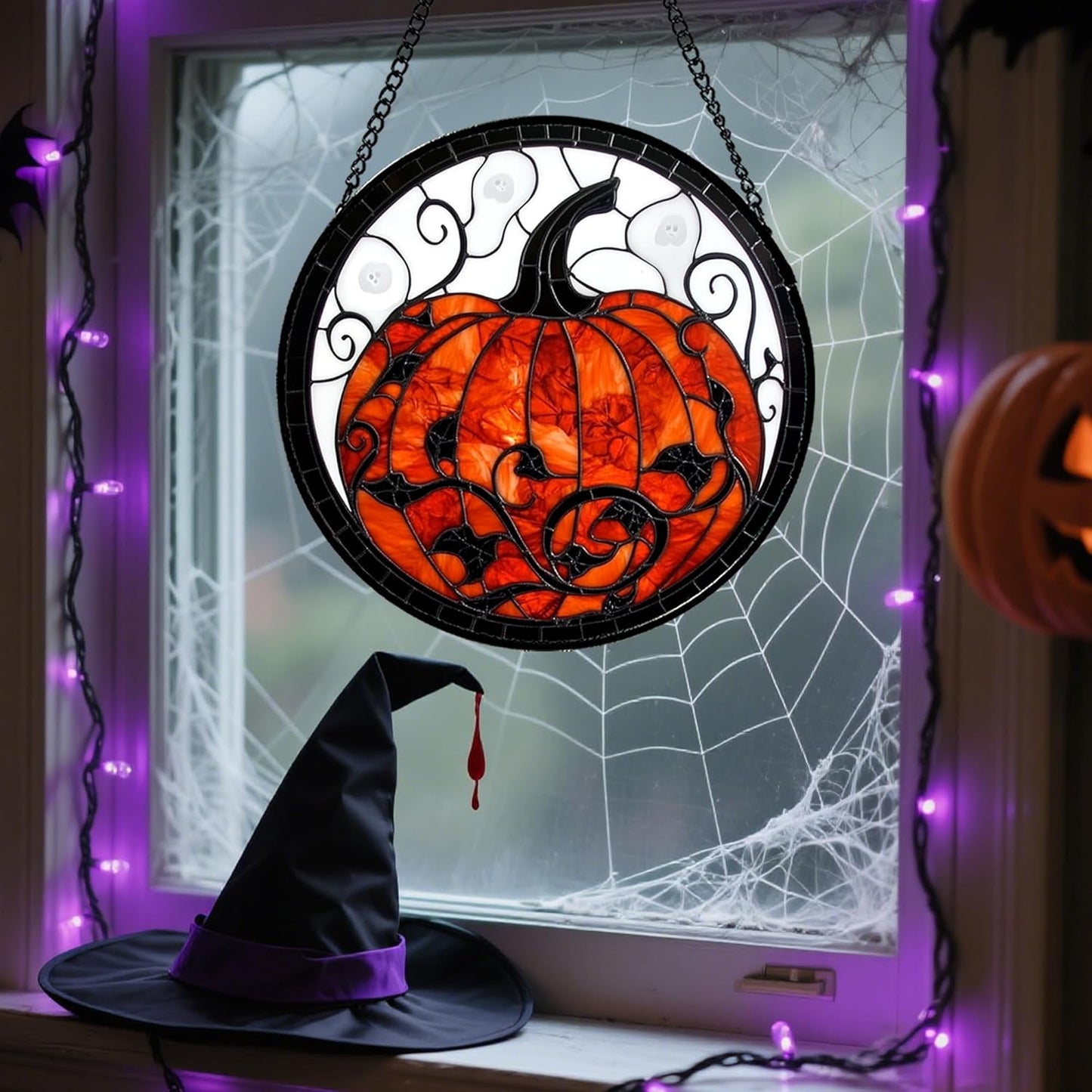 Stained Glass Window Hanging - Halloween Red White Scary Pumpkin Suncatcher for Doors Garden Home Spooky Rattan Sun Catchers Gothic Decor Horror Gifts for Women Men Friend Boy Girl 15 in