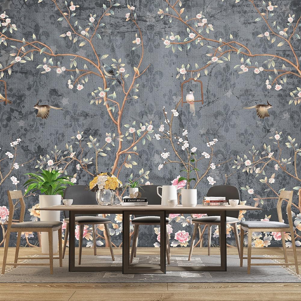 Grey Retro Floral wallpeper Living Room Bedroom Chinese Style Flower Bird Wall Mural - 91"x65"（Not Peel and Stick）