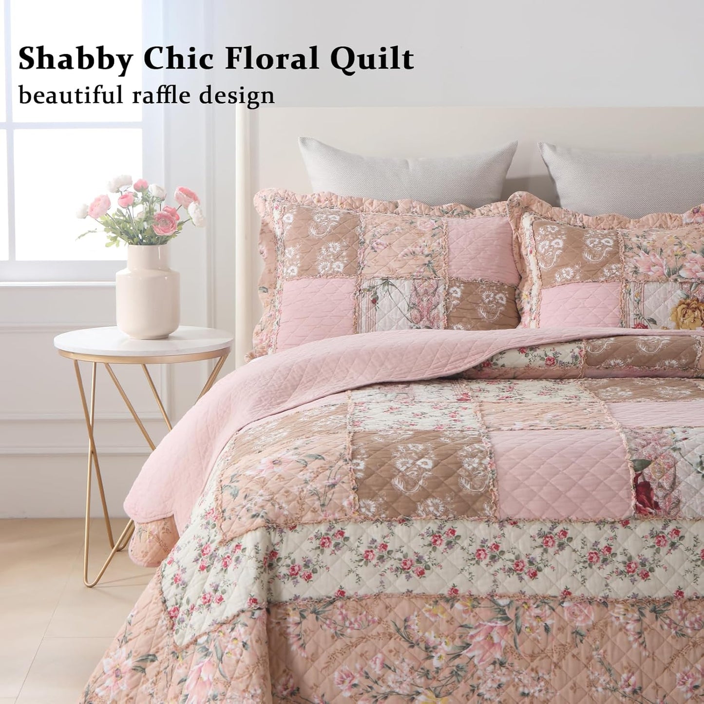 Yvooxny Quilts California King Patchwork Pink Floral Quilt Set Vintage Shabby Chic Botanical Quilted Bedspread 3-Piece Quilt Set with Ruffles for All Seasons, California King, 118 * 110 Inches