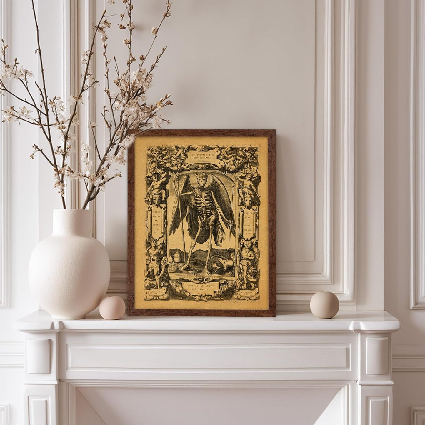 Poster Master Vintage Medieval Poster - Retro Gothic Print - Gift for Artist, Friend - Angel of Death, Memento Mori, Life, Skeleton, Dark - Wall Decor for Home, Living Room, 8x10 Brown Framed