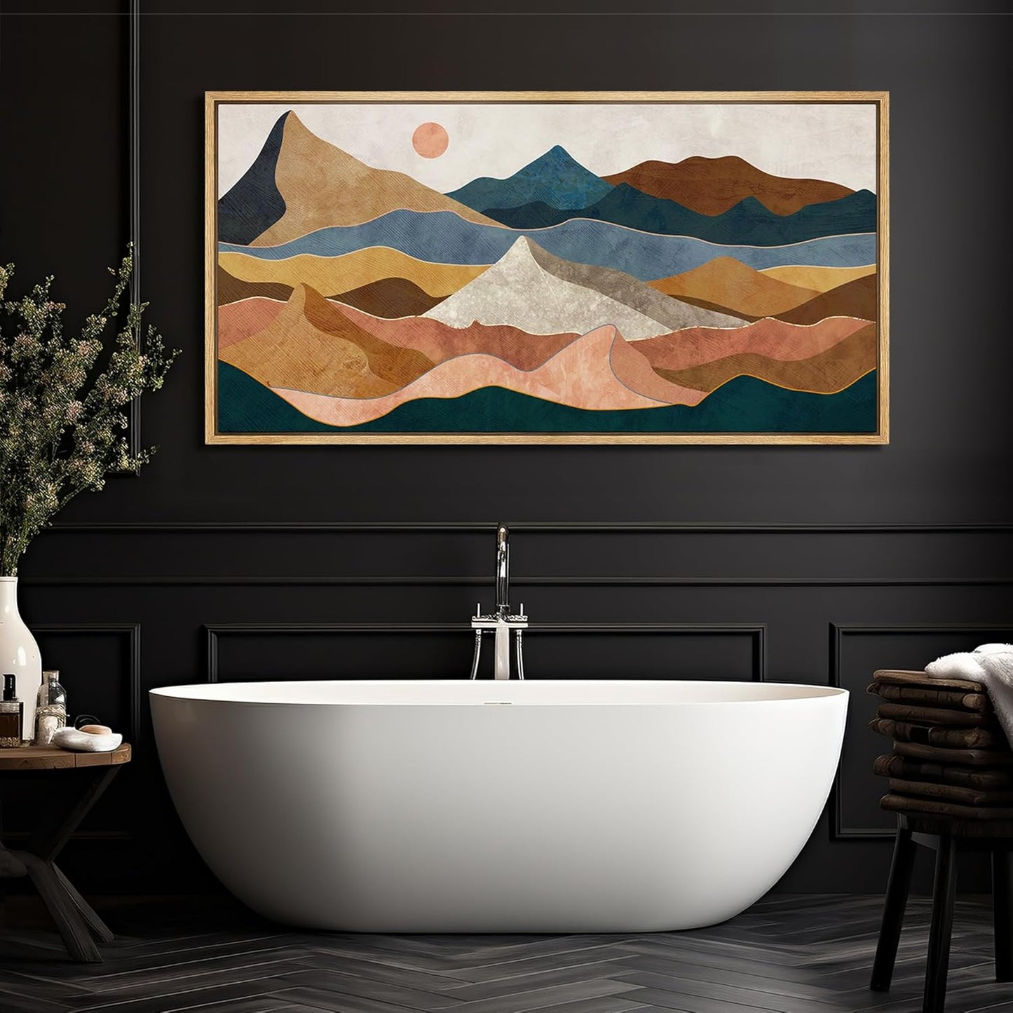 MUDECOR Extra Large Framed Canvas Print Wall Art Desert Peaks Colorful Geometric Mountain Illustrations Antique Retro Fine Art Illustrations Decorative Colorful for Bedroom - 60"x30"