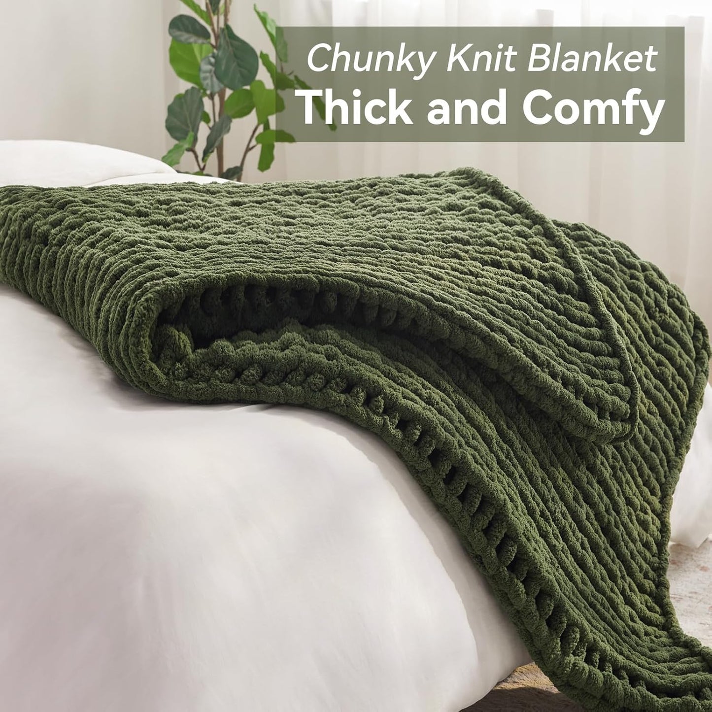 Chunky Knit Throw Blanket, 30''*40'' Knitted Throw Chenille Yarn for Bed Couch, Handmade Green Crochet Big Thick Blanket, Machine Washable Cute Comfy Blanket for Home Decor